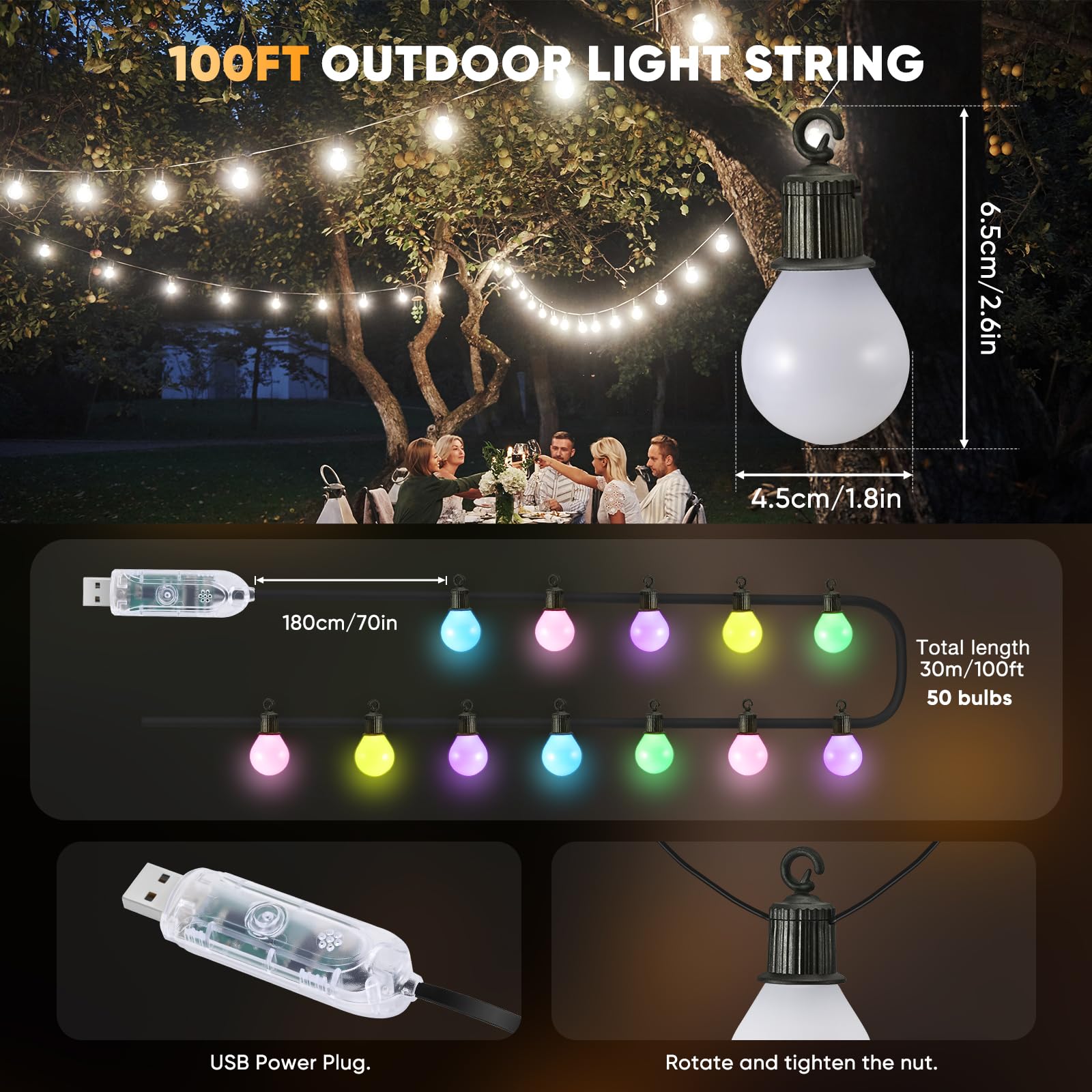Lichterkette für den Außenbereich, 50 LEDs, Lichterkette für den Außenbereich, 30 m, mit Fernbedienung und App, 16 Millionen Farben und 50 Szenenmodi, Lichterkette für den Außenbereich, wasserdicht
