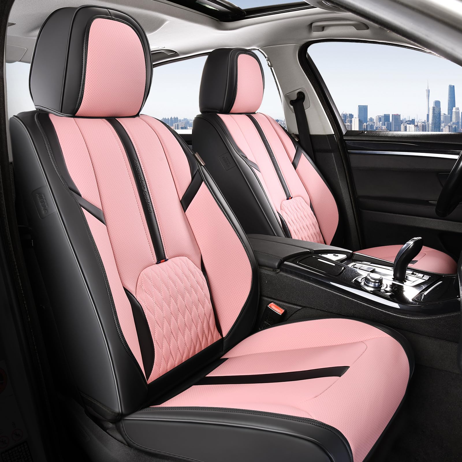 Coverado Seat Covers for Cars, Automotive Seat Covers for Front Seat, Leather Car Seat Covers, Waterproof Car Seat Protector, Universal Car Seat Cushions Fit for Most Cars SUV Trucks (Black&amp;Pink)