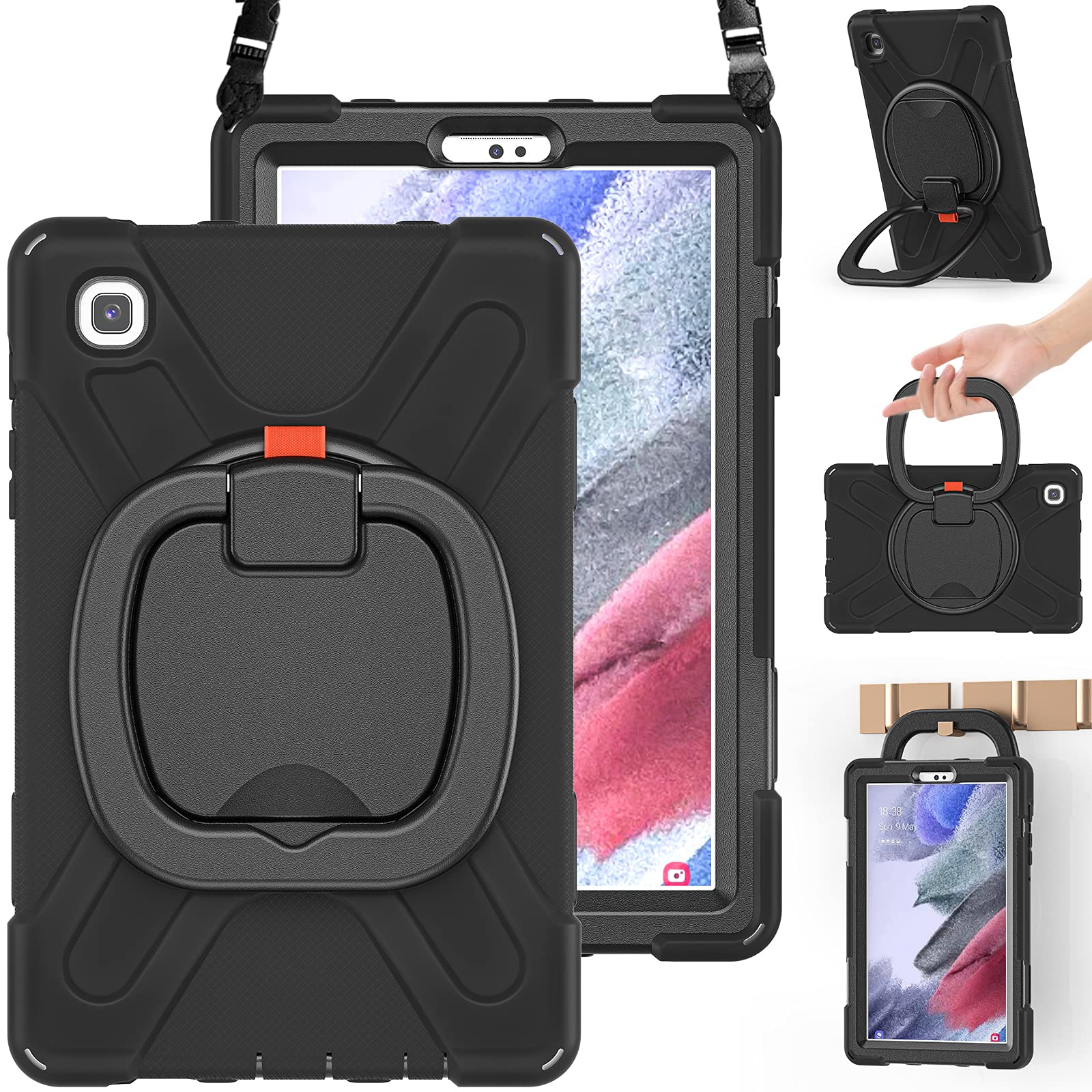 BRAECNSamsung Galaxy Tab A7 Lite Case 2021, Heavy Duty Rugged Silicone Case with Handle Grip, Shoulder Strap, Stable Kickstand for Galaxy Tab A7 Lite 8.7’’ Tablet 2021 -T220/T225/T225N/T225C-Black