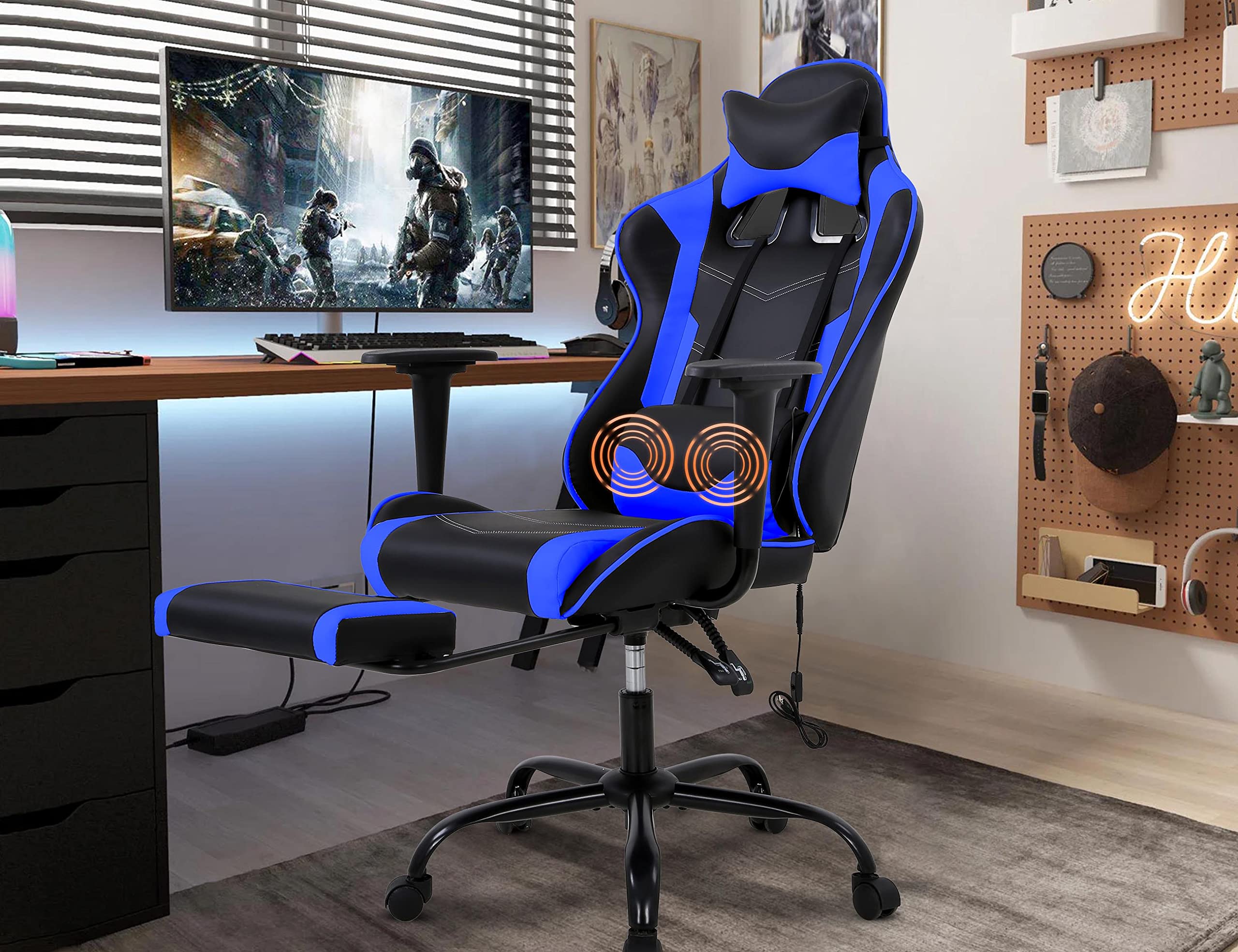 Gaming Chair, Height Adjustable Swivel Rolling Chair with Headrest Footrest and Massage Lumbar Support, PU High Back Ergonomic PC Chair for Office or
