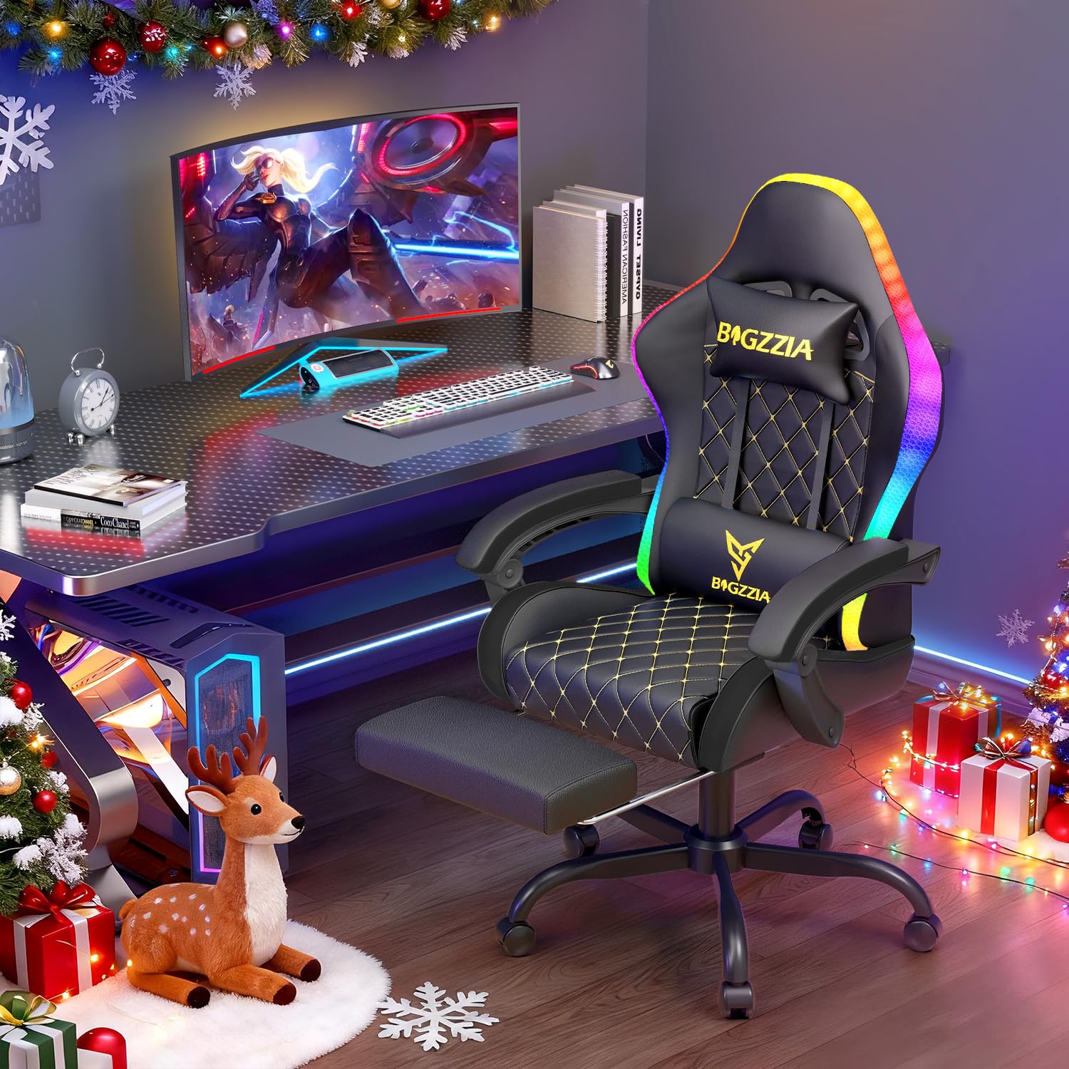 bigzzia Sedia Gaming con LED RGB, Sedia da Gaming Ergonomica con Supporto Lombare e Poggiapiedi, Sedie da Gioco Regolabile e Girevole con Una Capacità di Carico di 150 kg(Nero