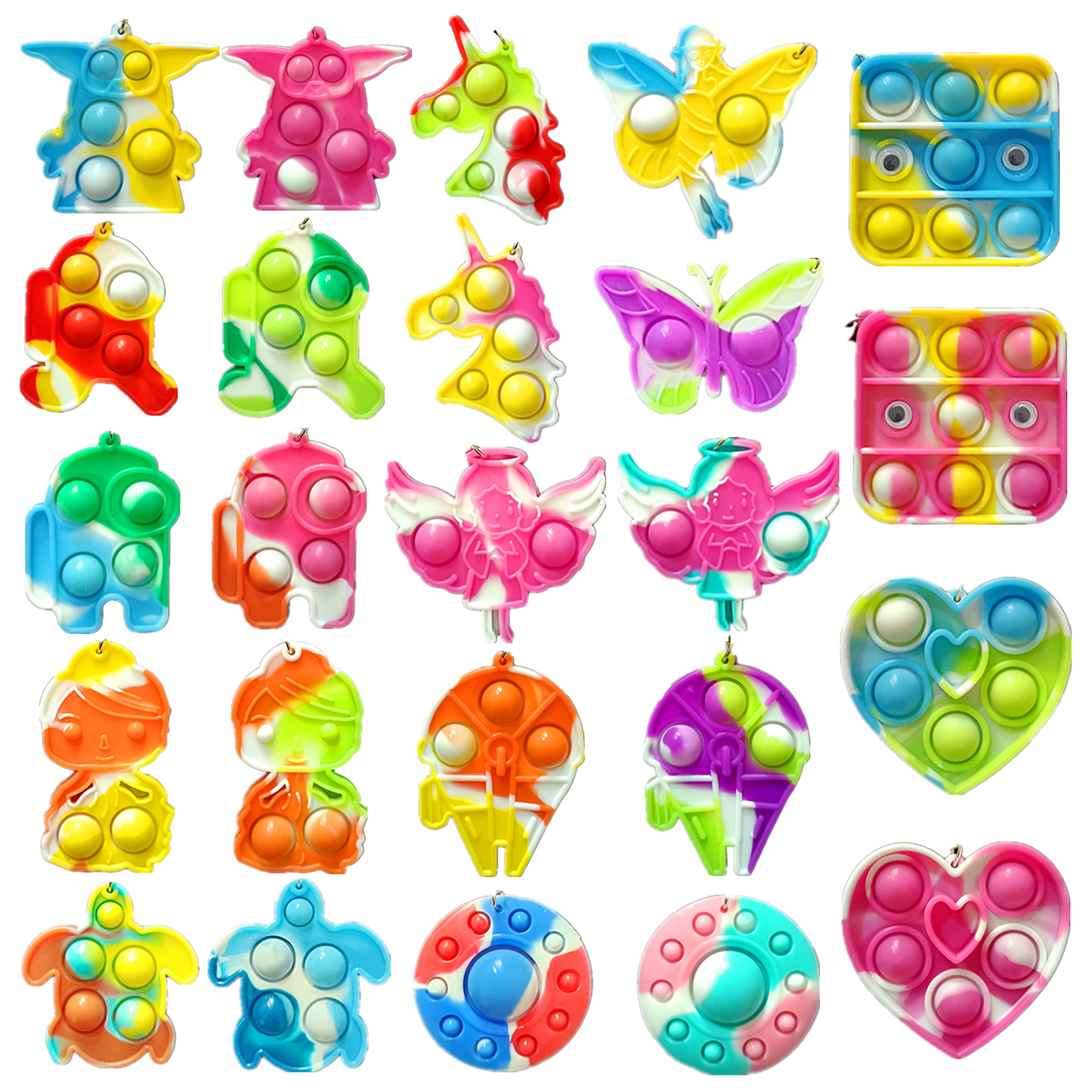 (Students Gift ) 24 Packs Push Fidget Bubble Fidget Sensory Silicone Squeeze Mini Pop Keychain,Bulk Party Favors Small UFO Crew Cute Baby Stress Relief Backpack Decor