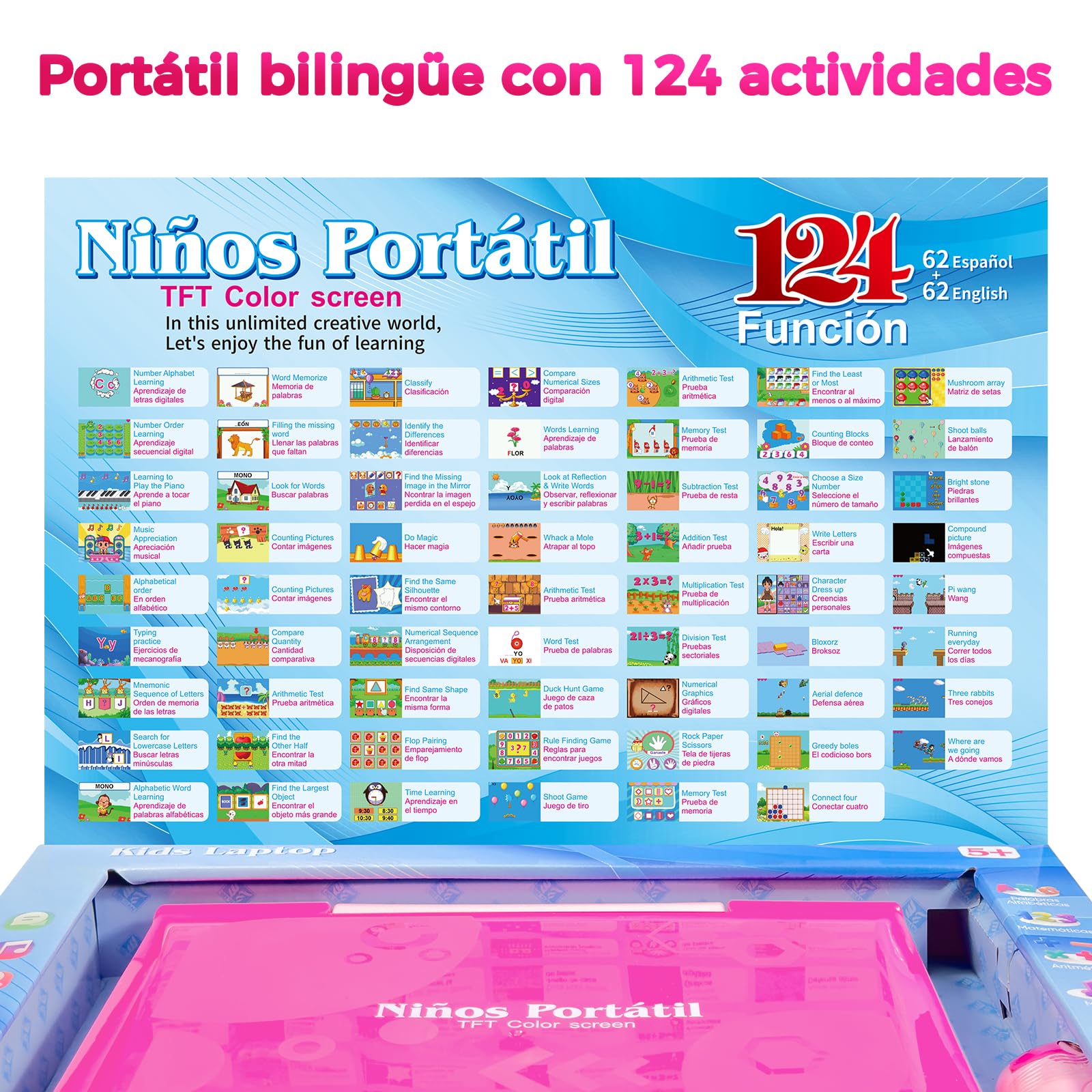 Ordenador Infantil Bilingüe Juguete 124 Actividades Matemáticas Vocabulario Música Jugar Regalo Niños Niñas Rosa