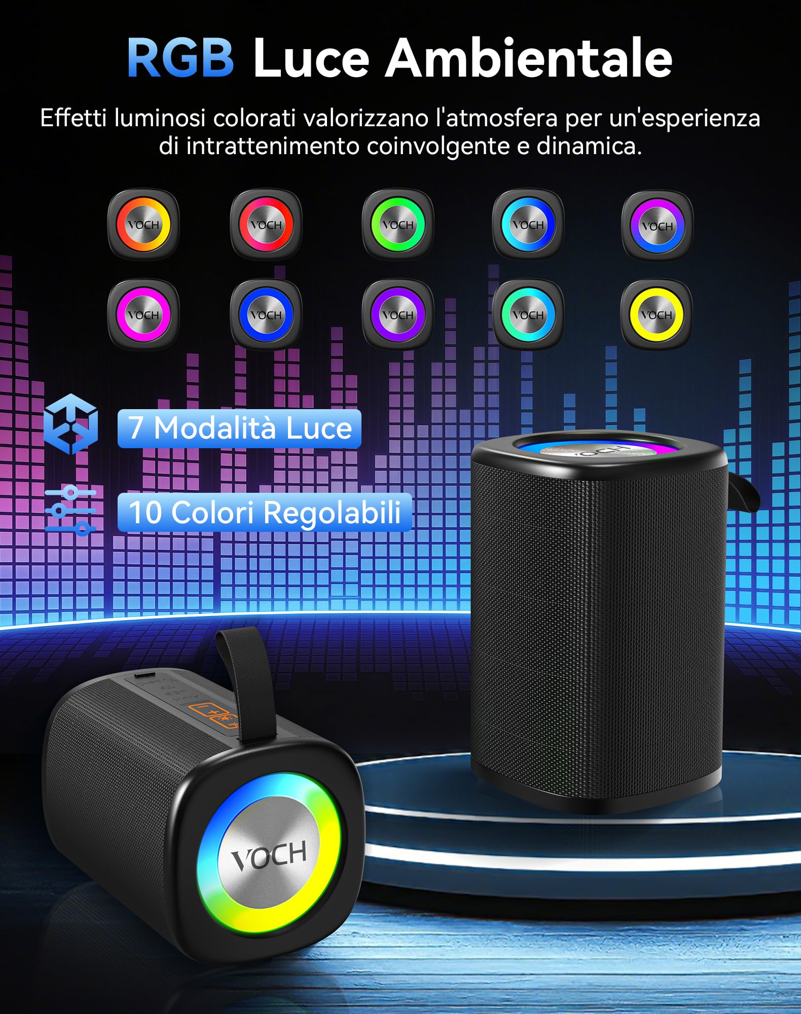 VOCH Cassa Bluetooth Portatile 2‑in‑1 Magnetico con Luce LED RGB, Stereo Potente Altoparlante Bluetooth 5.4, TWS, IPX7 Impermeabile, 20 Ore Riproduzione per Esterno, Feste, Camping, Casa, Viaggi