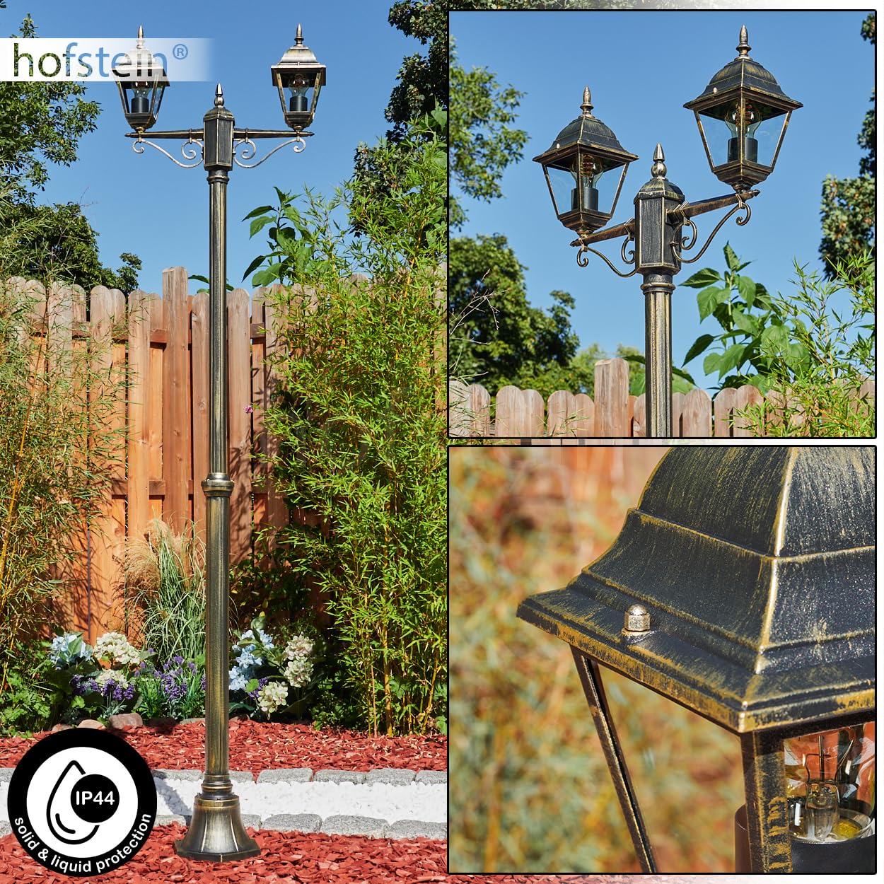 Lampa drogowa zewnętrzna Hong Kong, lampa ścieżki z metalu/szkła w kolorze czarno-złotym, przezroczysta, kandelabr w antycznym stylu, wysokość maks. 220 cm, oświetlenie ogrodowe IP44, 2 x E27, bez