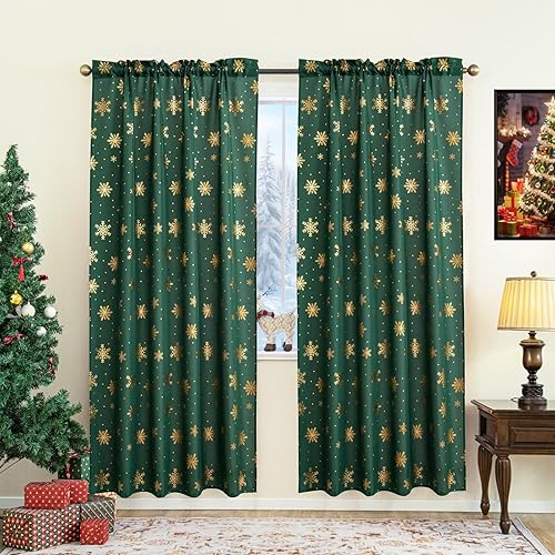 Karseteli Cortinas de Navidad con copos de nieve para sala de estar, cortinas opacas de lujo con estampado de lámina dorada, decoraciones de Navidad