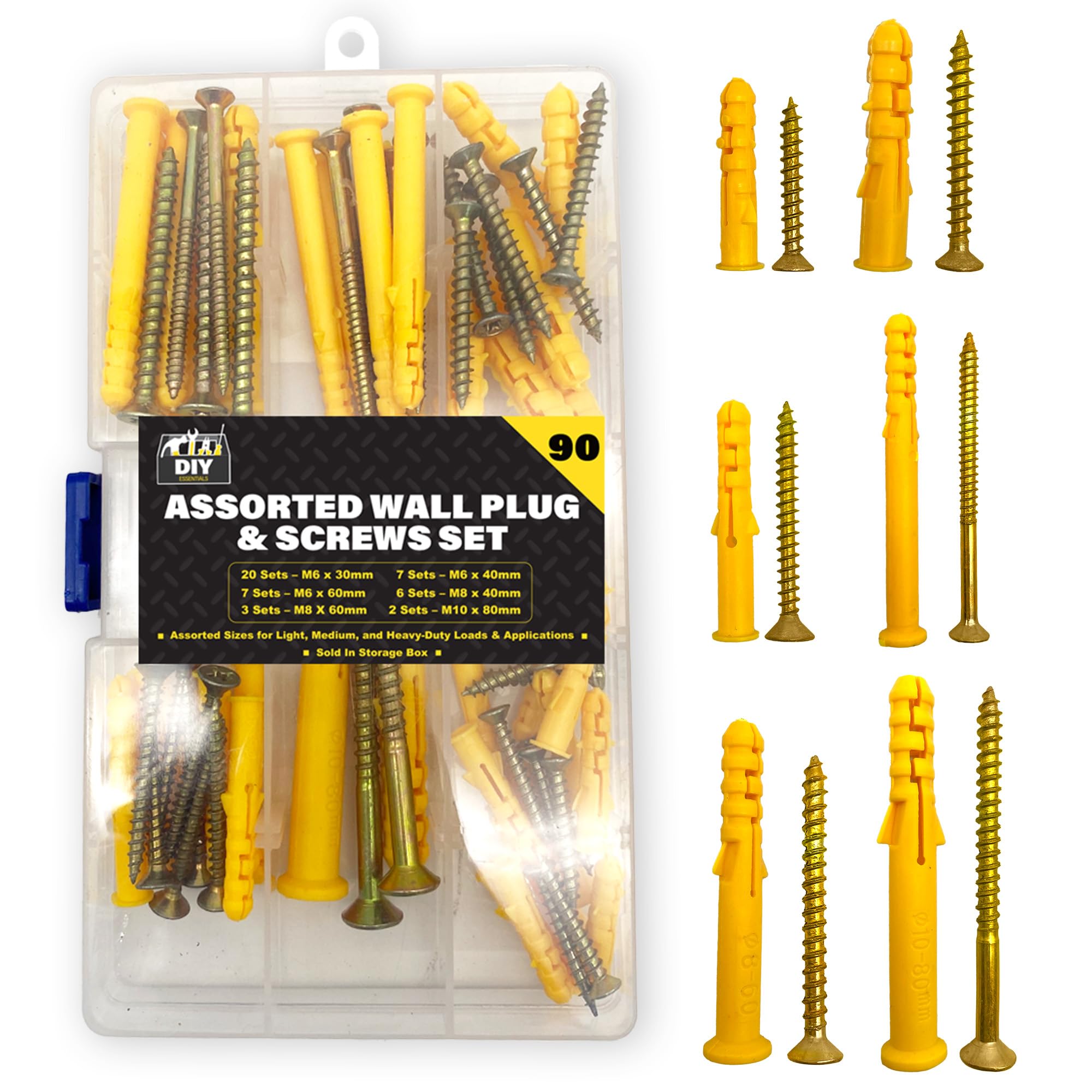 SOL 90pk Assorted Wall Plugs and Screw Set - 30/40/60/80mm Wall Plugs with M6/M8/M10 Screws - Masonry Screw and Wall Plug Kit for DIY and Home Repairs