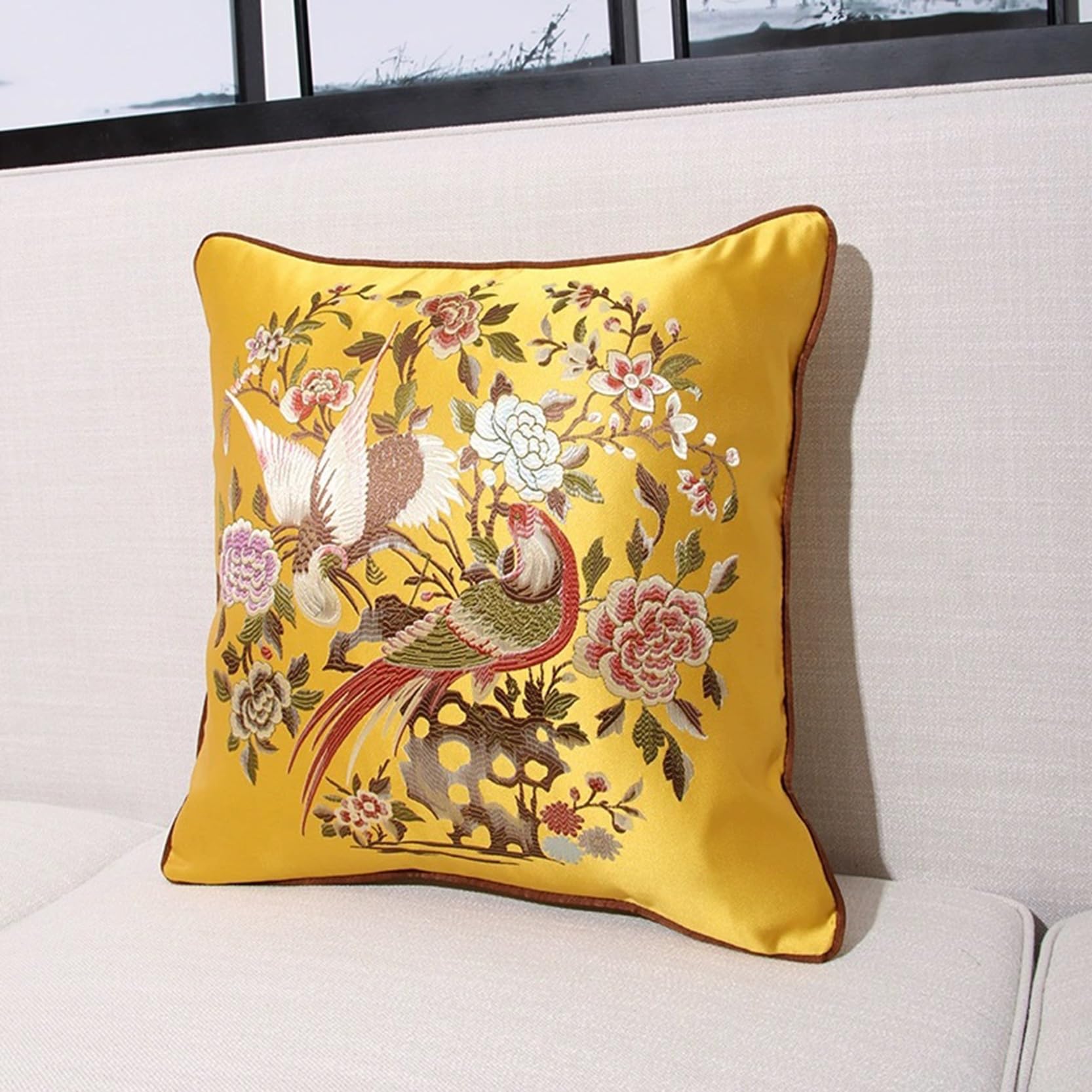 WABMJGW Birdsong and Floral Pattern Cushion Covers Set of 2,Decorative Throw Pillow Covers with Hidden Zipper,Comfortable Sofa backrest Square/Rectangular Pillow Cases(Yellow,58x58cm)