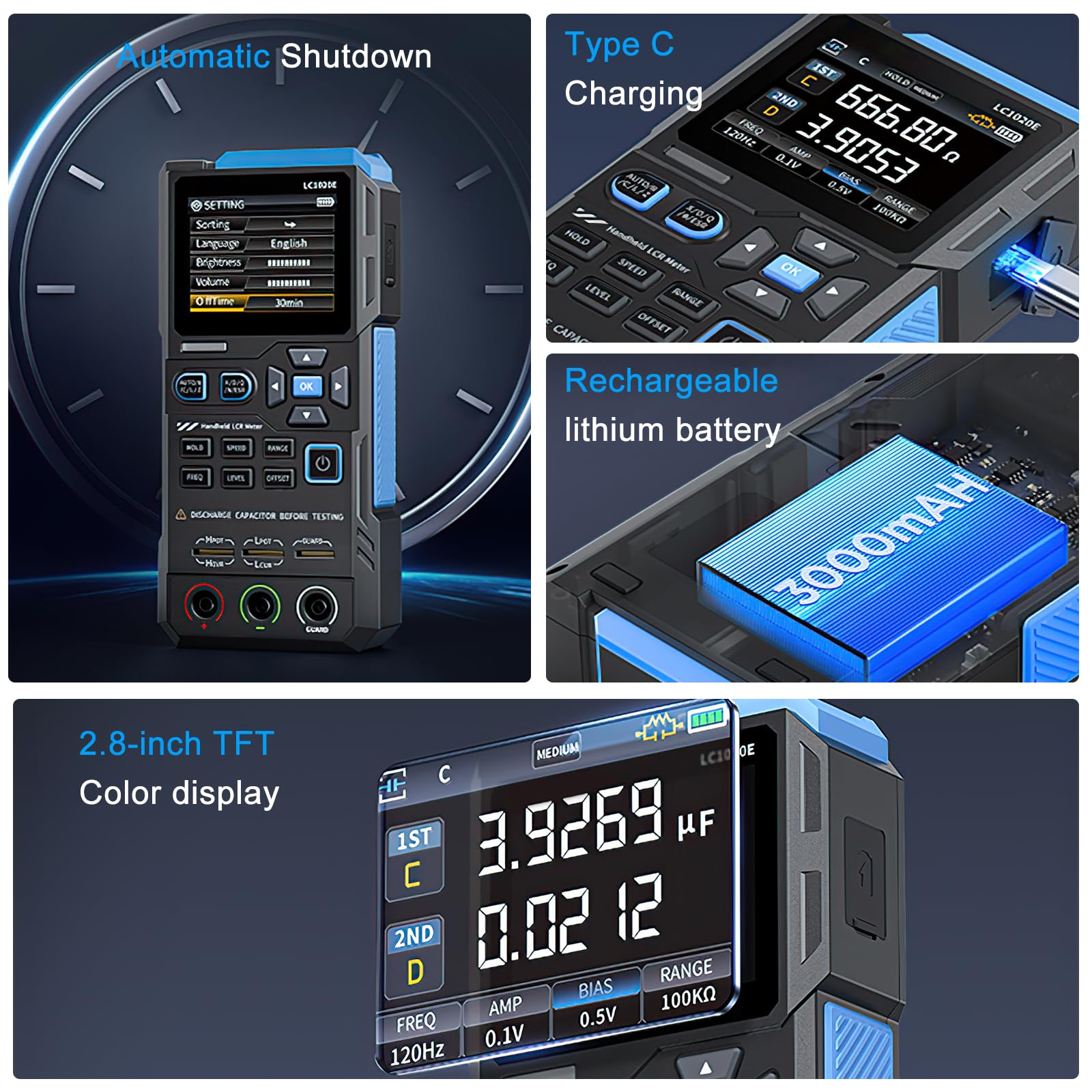 DEWIN LCR Messgerät, Tragbarer Digitaler LCR-Tester LCR Handheld Digitalbrückenprüfgerät unterstützt Kapazitäts-, Widerstands- und Induktivitätsmessungen LC1020E