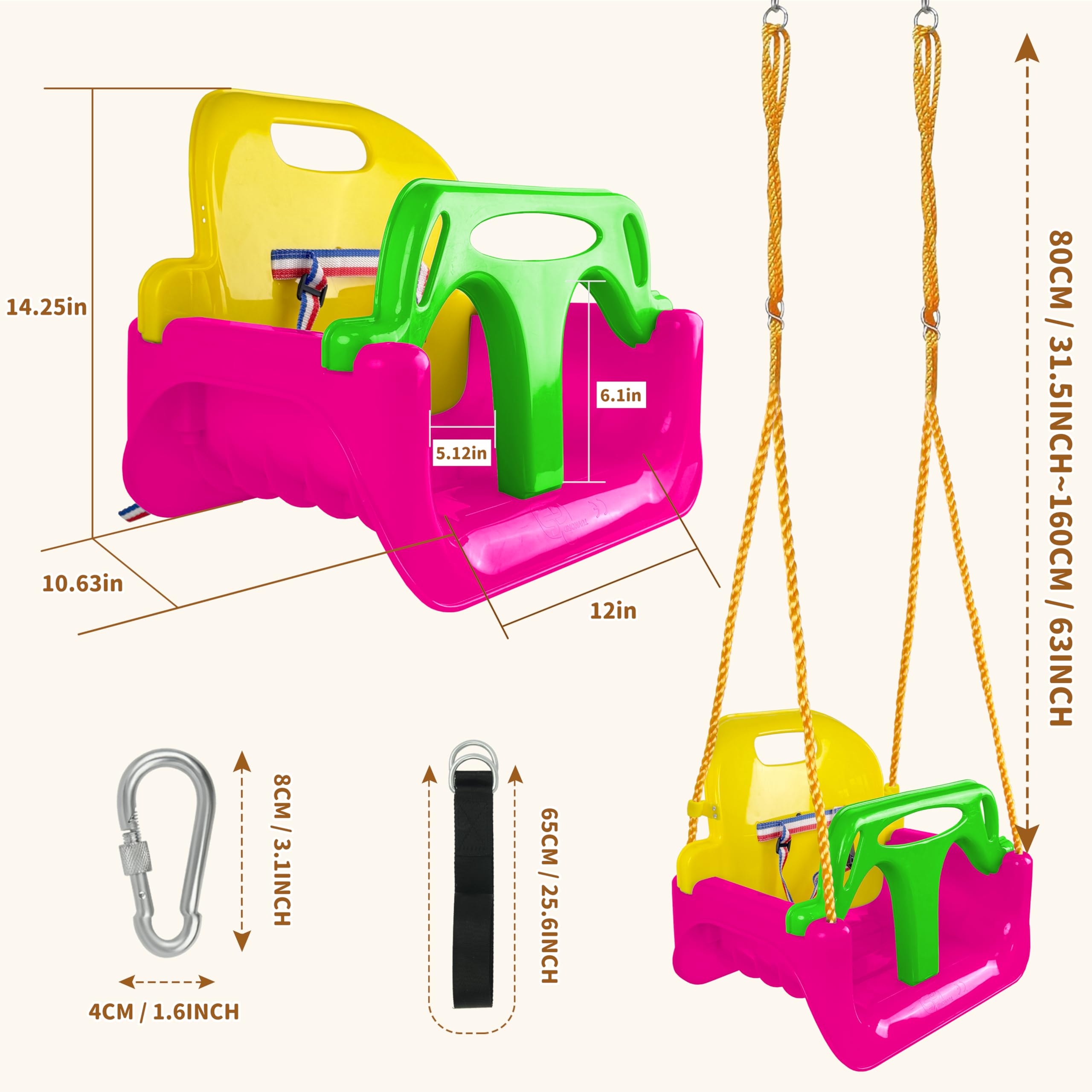 KINSPORY Altalena da Giardino 3 in 1 per Bambini, Altalena per bambini 3 in 1, Seggiolino Altalena Bambini Sedile in Plastica con Schienale e Cintura di Sicurezza per Esterno e Interno (Rosa Scuro)