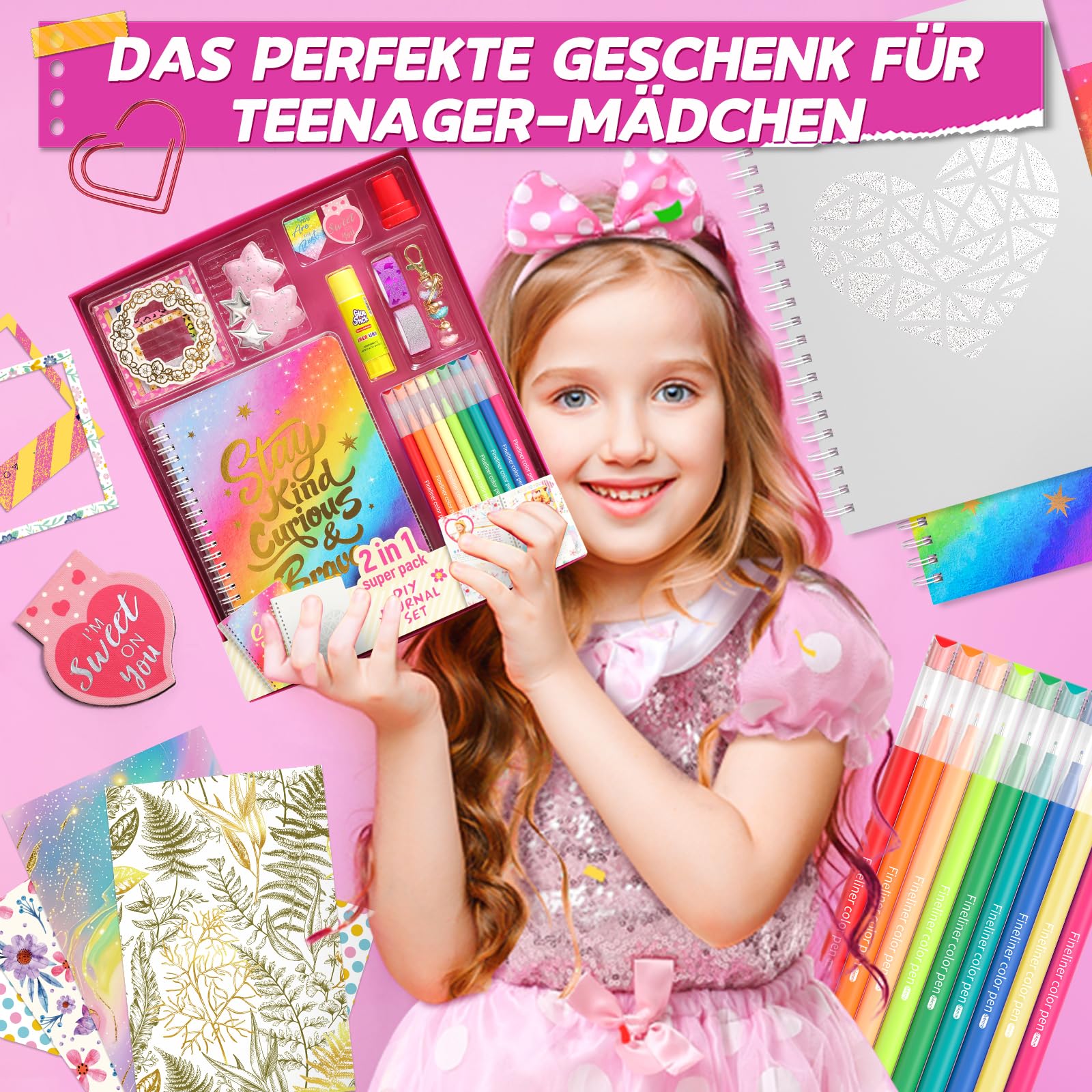 2-Pack Mega DIY Tagebuch Set Mädchen, Tagebuch Geschenk ab 8 9 10 11 12 13 14 Jahre Mädchen, Schulsachen und Scrapbook Set für Teenagermädchen, Kreative Geschenke für 8-14 Jahre Teenagermädchen