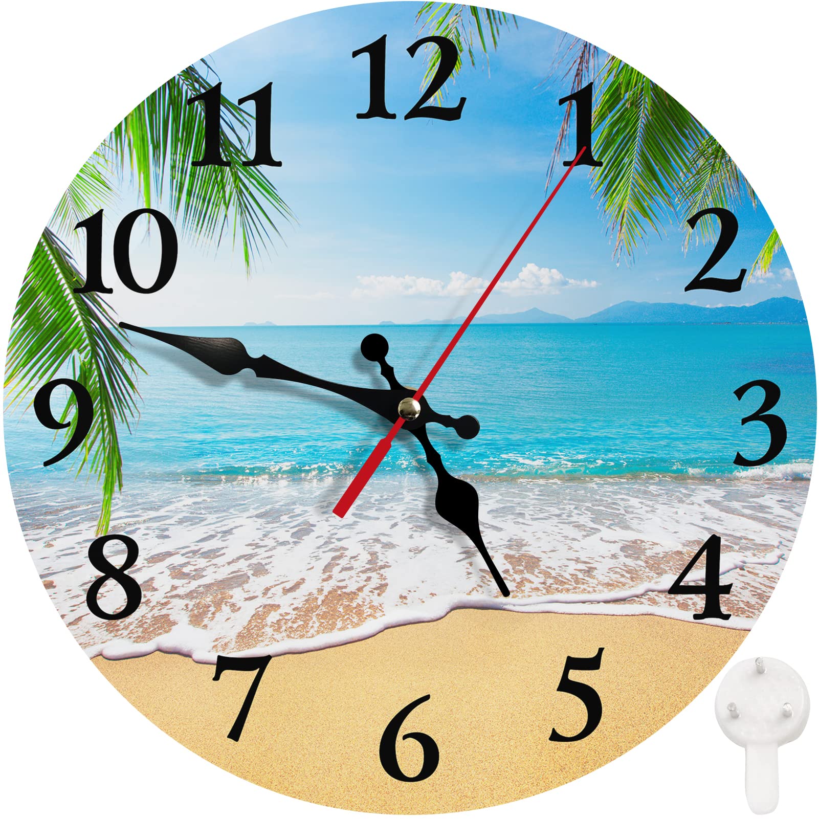 Round Wall Clock Silent Non-Ticking Clock 10 Inch, Palm Tropical Beach Summer Tree, Home Decor for Living Room, Kitchen, Bedroom, and Office