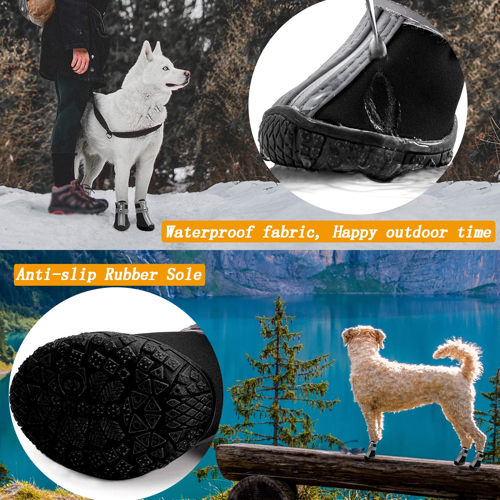 Ranphy Dog Shoes Waterproof Booties for Small Medium Dogs Hiking Boots Anti-Slip Sole with Reflective Straps for Hot Pavement Winter Snow Outdoor Black 4PCS