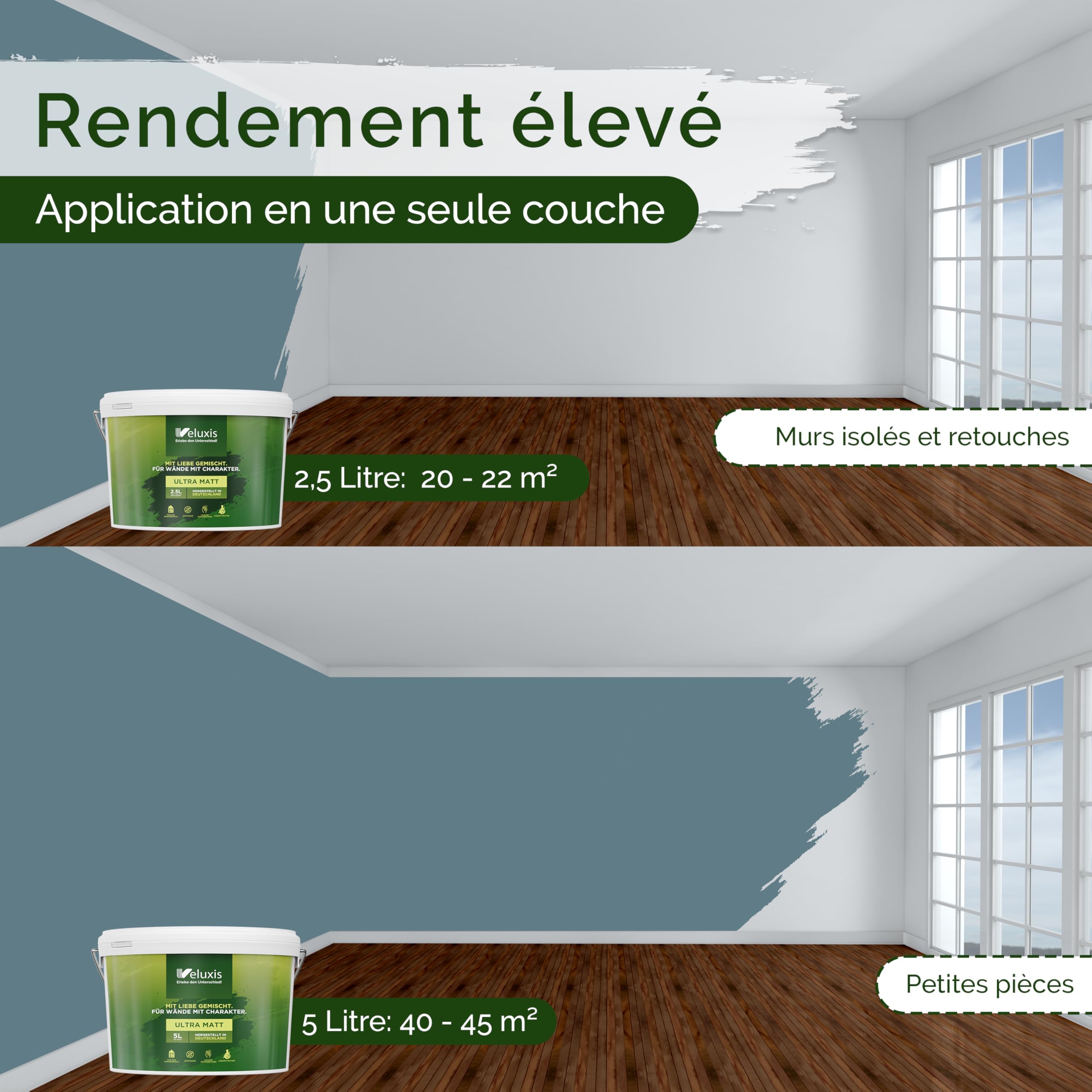 Peinture murale grise pour intérieur – 5 litres & classe de pouvoir couvrant 1, sans traces, peu de gouttes & peinture écologique, sans COV – (Blue Mussel)