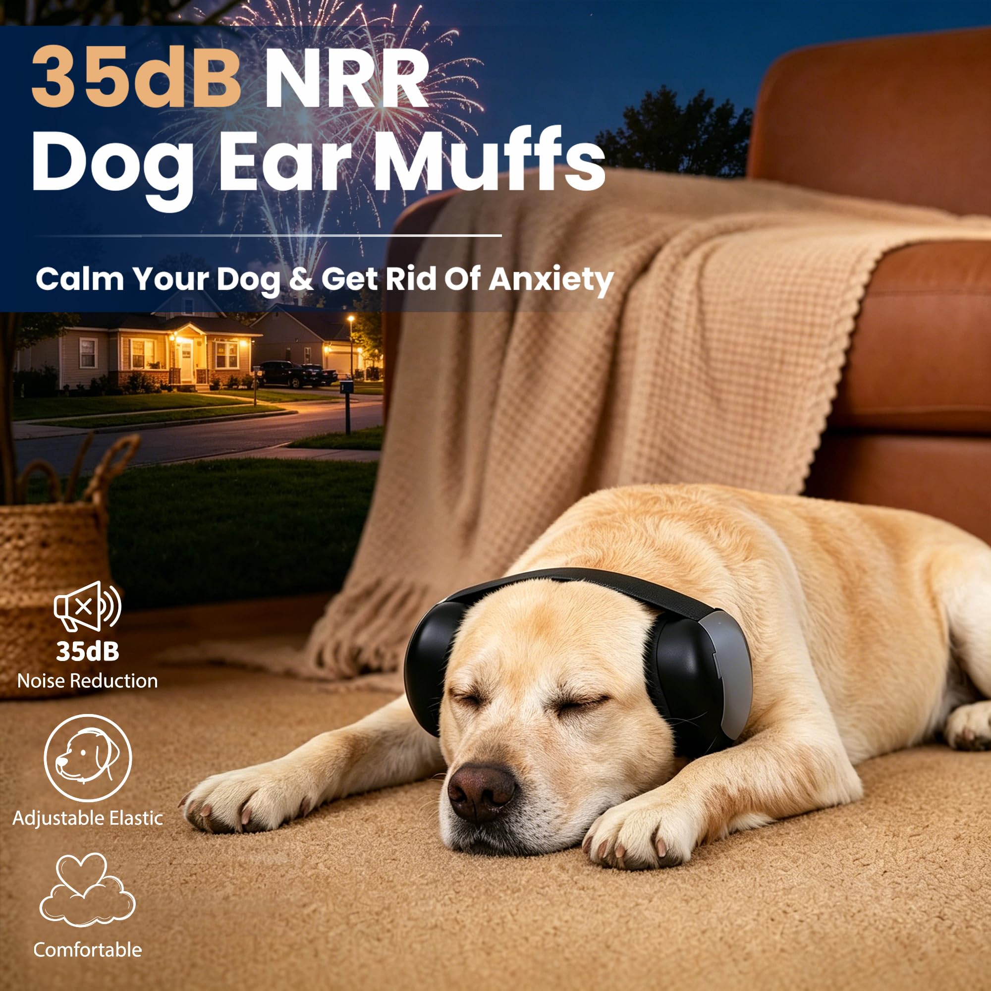 Casque anti-bruit pour chien avec sangles réglables et flexibles 35 dB NRR