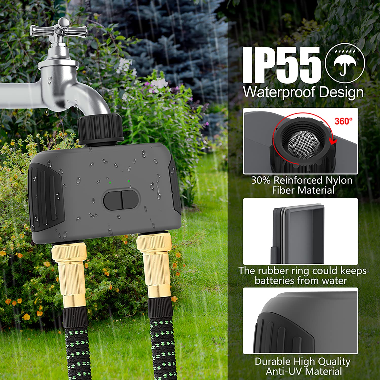 Timer per irrigazione WiFi, timer per irrigazione intelligente per tubo da giardino, sistema di irrigazione automatico con hub WiFi, controllo APP, lavoro con Alexa e Google Assistant, 2 prese