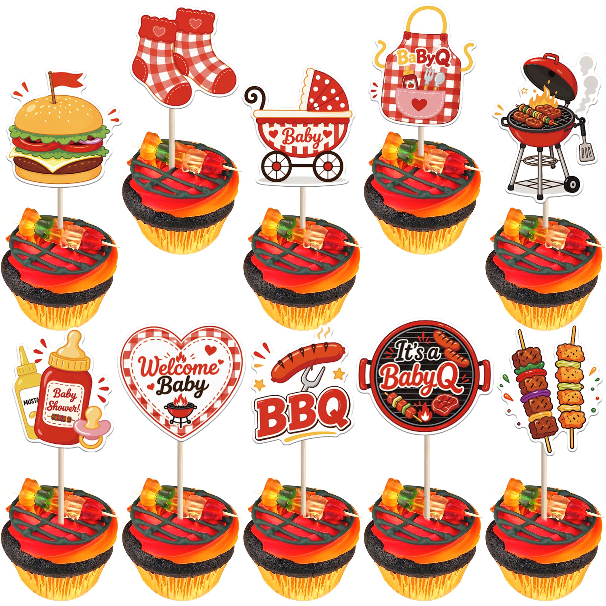 SYKYCTCY 40 Pack BBQ Theme Cupcake Toppers It's a Baby Q Barbeque Birthday Cupcake Pick Carnival Summer Picnic Decoration for Barbeque Theme Birthday Party Baby Q Baby Shower Cake Decoration Supplies
