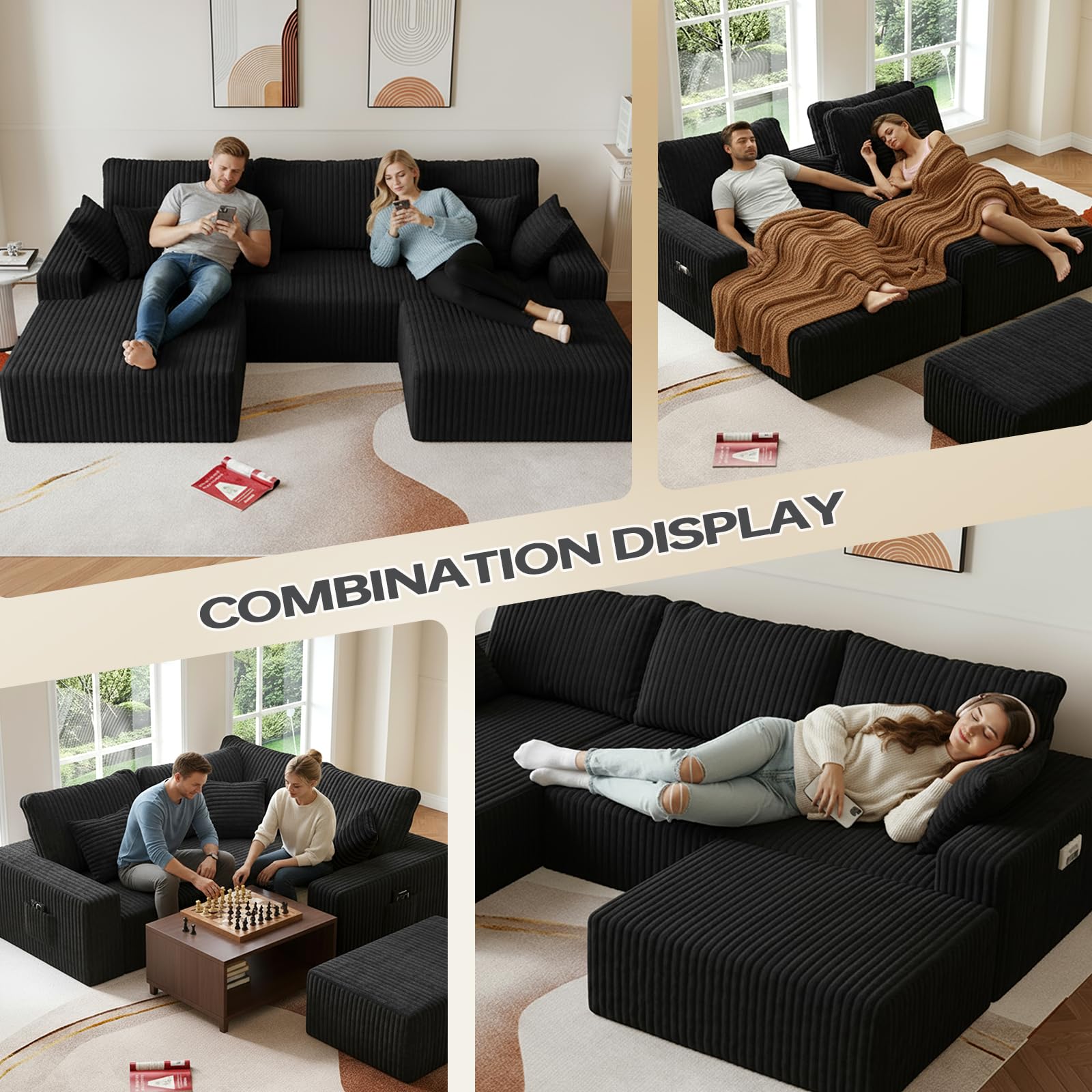 108" U-Shape Modular Sectional Cloud Couch with Ottoman, Deep Seat Boneless Couch with Oversized Chaise Lounge, Comfy Flannel Fabric Sofa for for Living Room Bedroom Apartment Game Room Basement