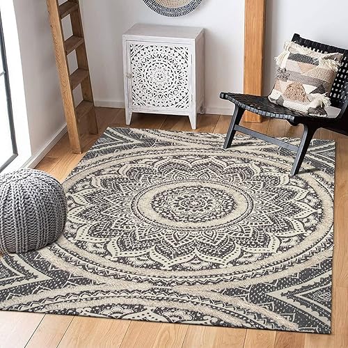 Seavish Alfombra de área bohemia, alfombra gris de 4 x 6 pulgadas, alfombra lavable, alfombra de algodón con mandala capitoné, alfombra de