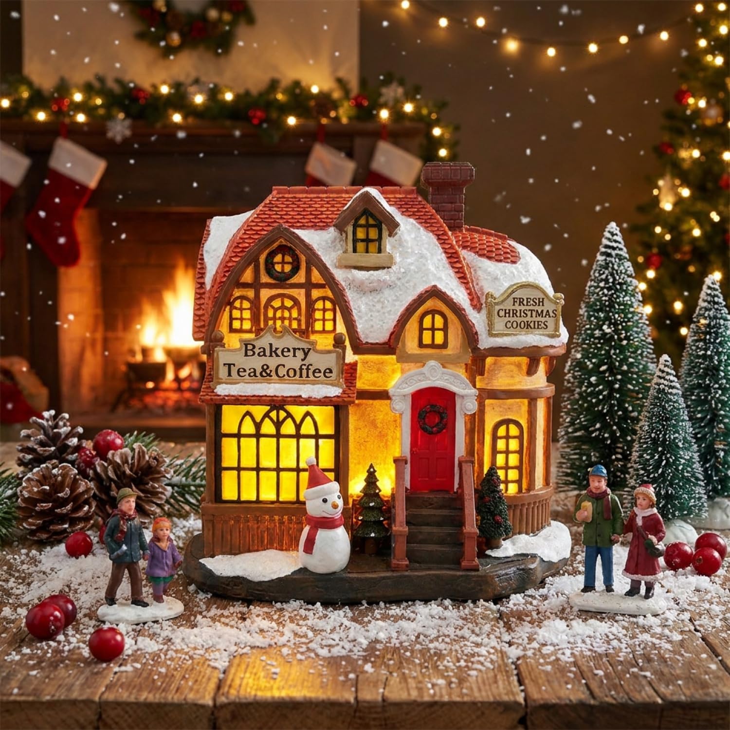Beleuchtetes Weihnachtsdorfhaus, 16,5 cm, Kunstharz, kleine Weihnachtshäuser, Dorf, batteriebetrieben, Bäckerei für Weihnachtsdekorationen, Tischdekoration