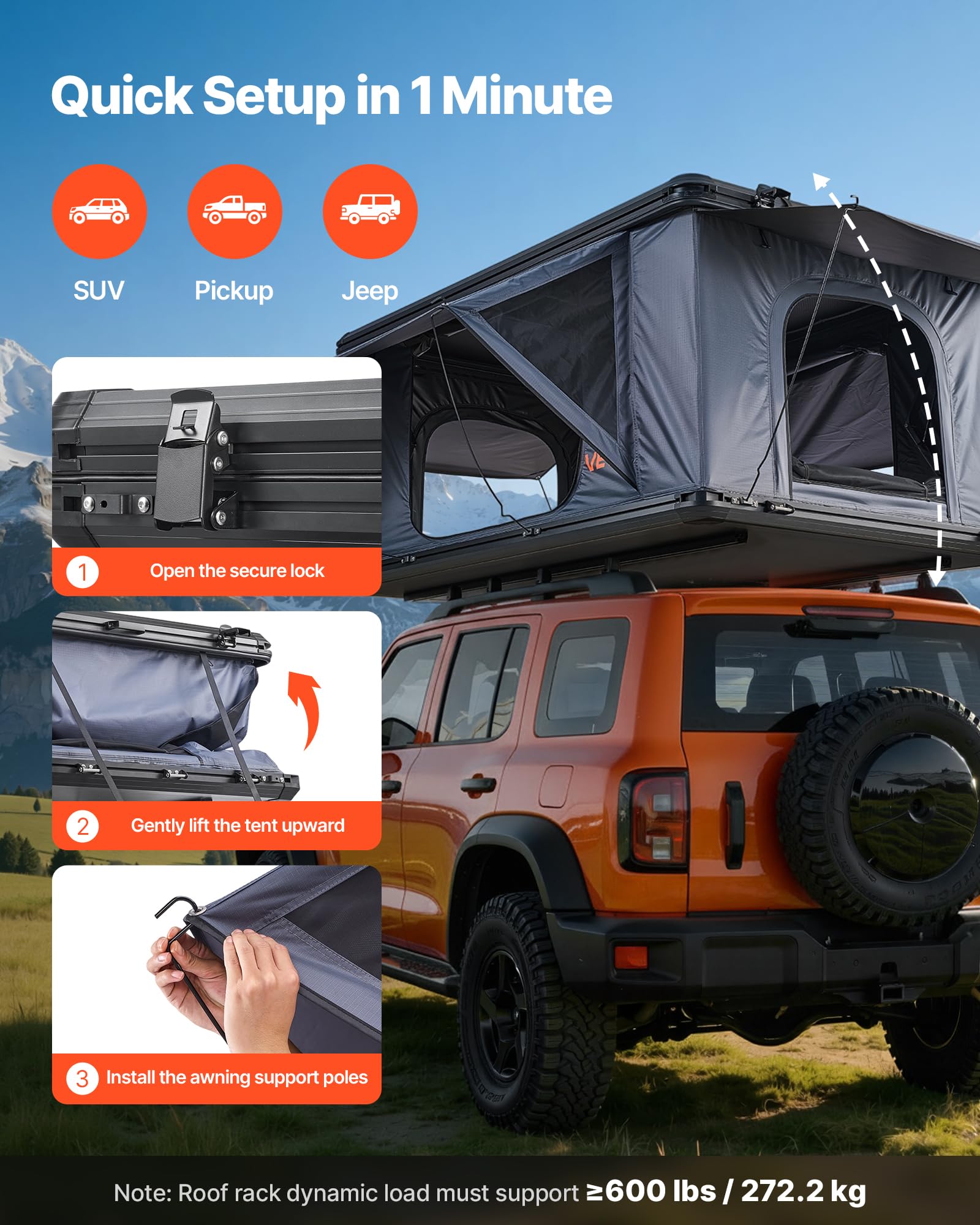 VEVOR Tente de Toit pour Voiture, Tente de Toit à Coque Rigide pour 2-3 Personnes, pour Camping Caravane SUV, en Alu, avec Éclairage LED Tricolore, Matelas Épais et 2 Fenêtres, Étanche et Coupe-Vent