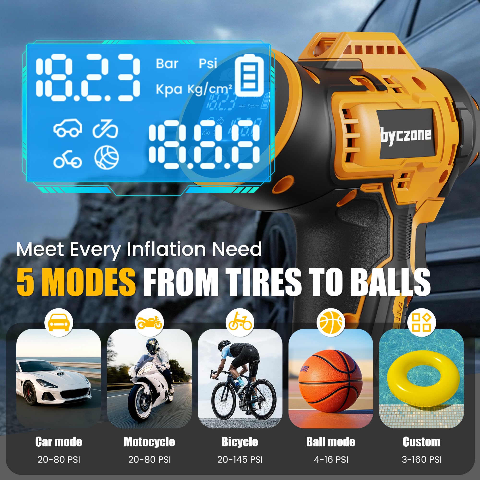 Gonfleur de pneu compatible avec batterie Dewalt 18 V, compresseur d'air sans fil 160 PSI avec manomètre numérique LCD, arrêt automatique, gonflage rapide pour voiture, vélo, ballon de sport