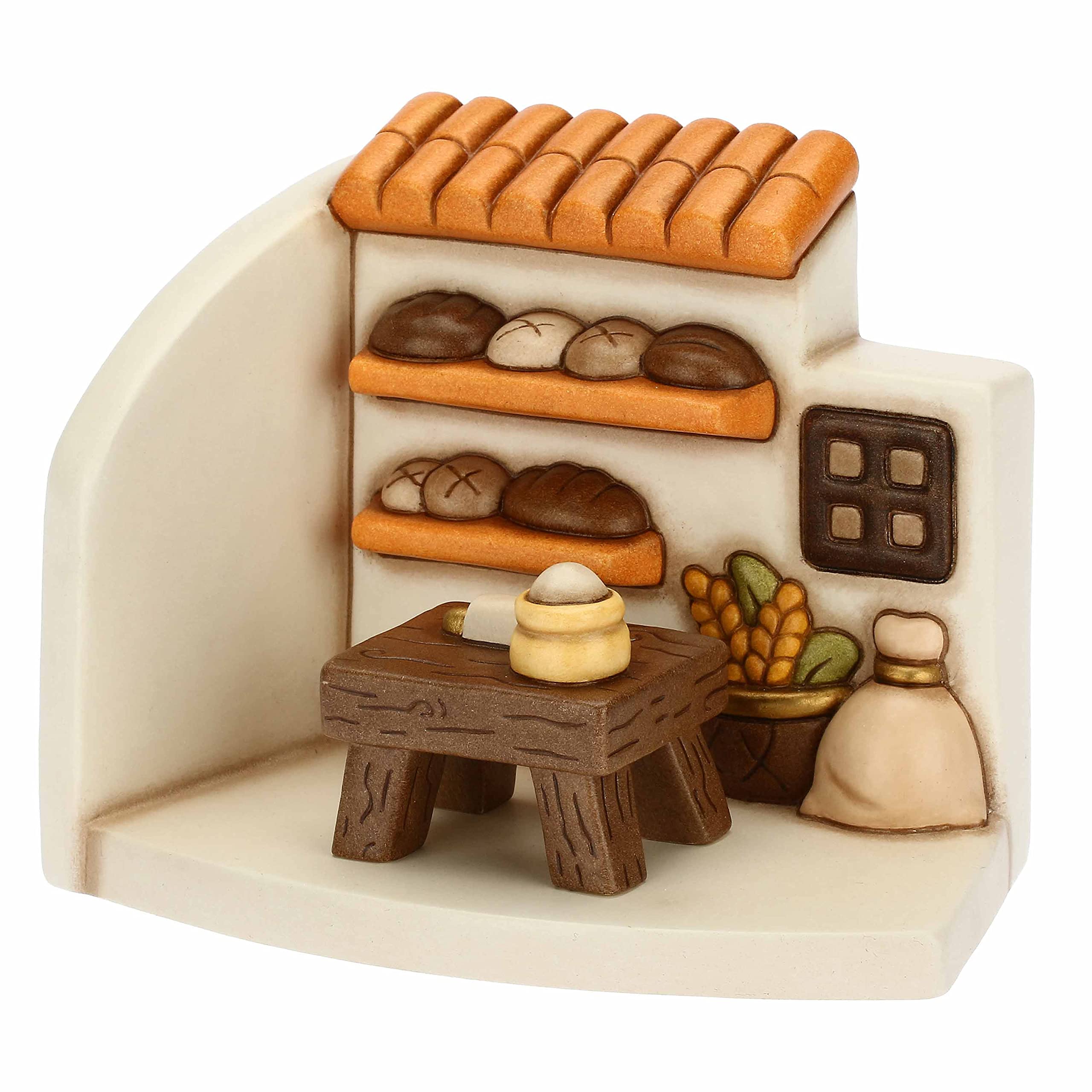 THUN - Presepe 2022 - Statuina Presepe Bottega con Tavolo in Ceramica Decorata a Mano - Linea Presepe Classico - 16x10x12 cm h
