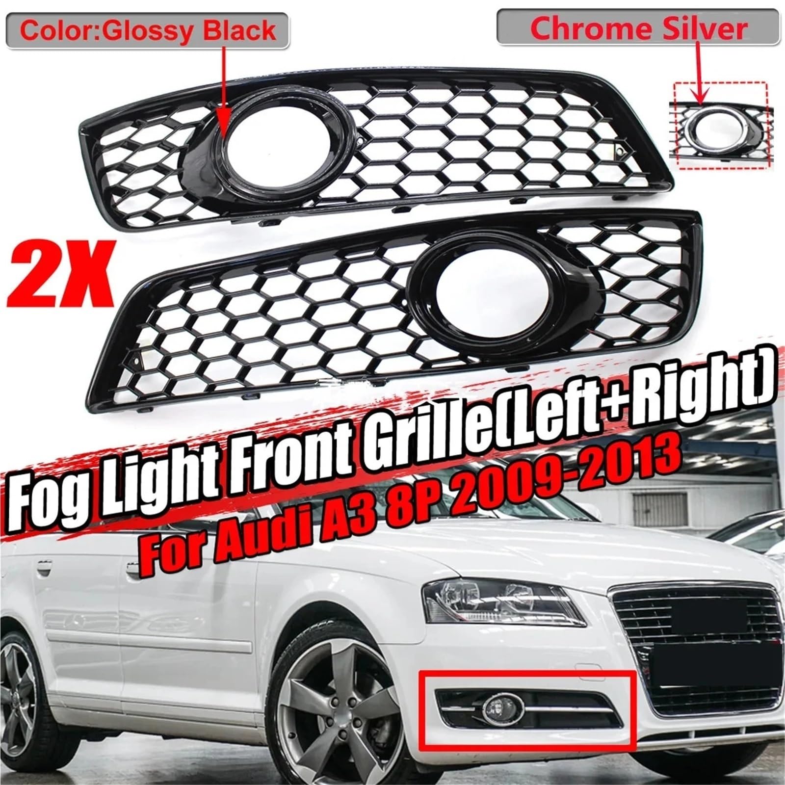 Pasuje do Audi A3 8P 2009-2013 Przedni zderzak Przeciwmgielne Światło Wyścigowe Grille 1 Para Plaster Miodu Siatka Przeciwmgielne Osłona Grilla(Chrome Silver)