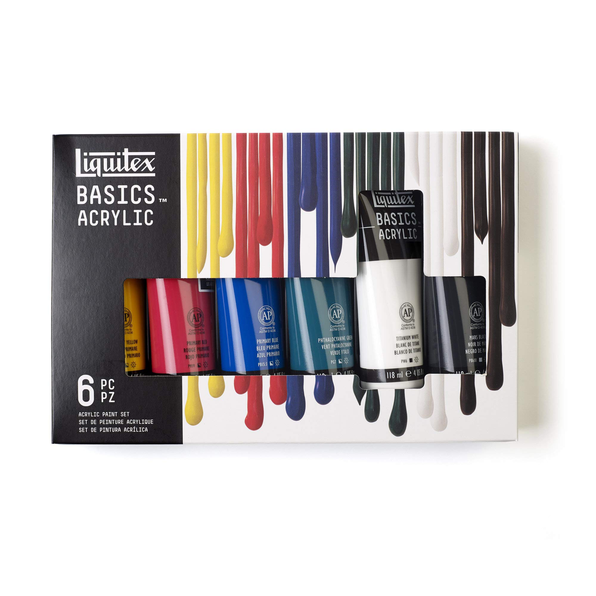 Liquitex 3699420 Basics - Acrylic Paint, Mono-pigmented Artist Pigments, Lightfast, Medium Viscosity, Archival Quality, Silky Gloss Finish - 6 Colours Set of 118 ml, 6 Colours in 118 ml Tubes