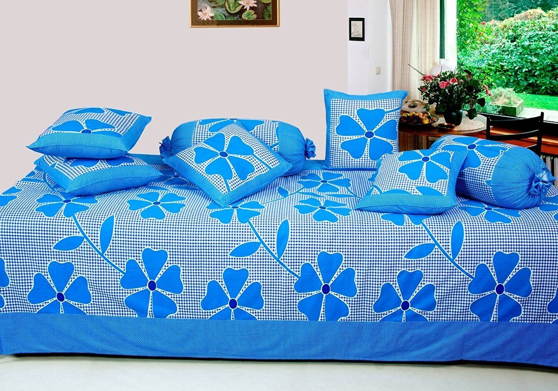 8 Piece Floral Cotton Diwan Set-Blue-image-43