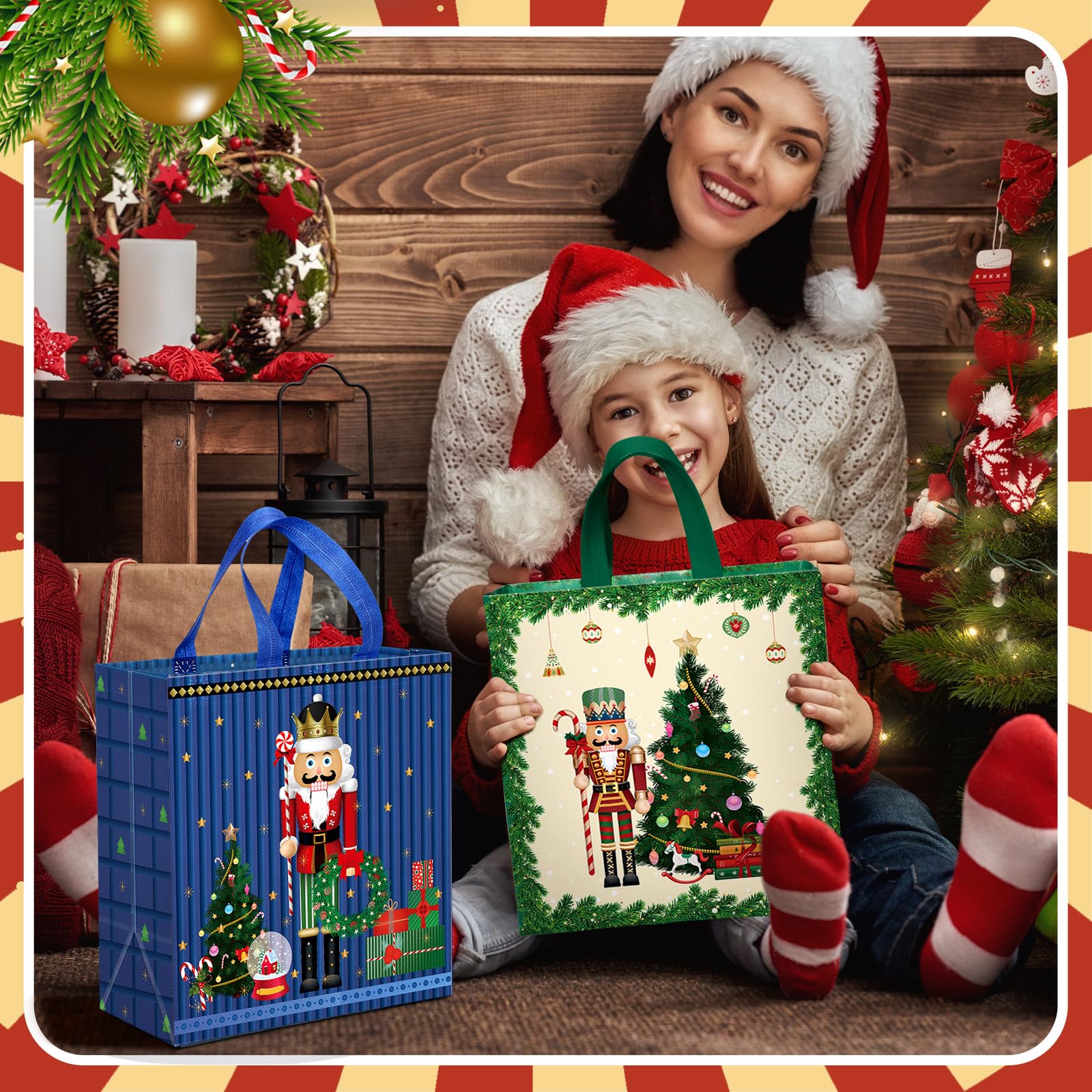 Wesnoy Weihnachtliche Nussknacker-Tragetaschen, Geschenktüten, Großpackung, Weihnachten, Vlies, wiederverwendbar, mit Griffen, für Urlaub, Weihnachten, Party, Neujahr, Einkaufen, 29 x 27 x 12 cm, 48