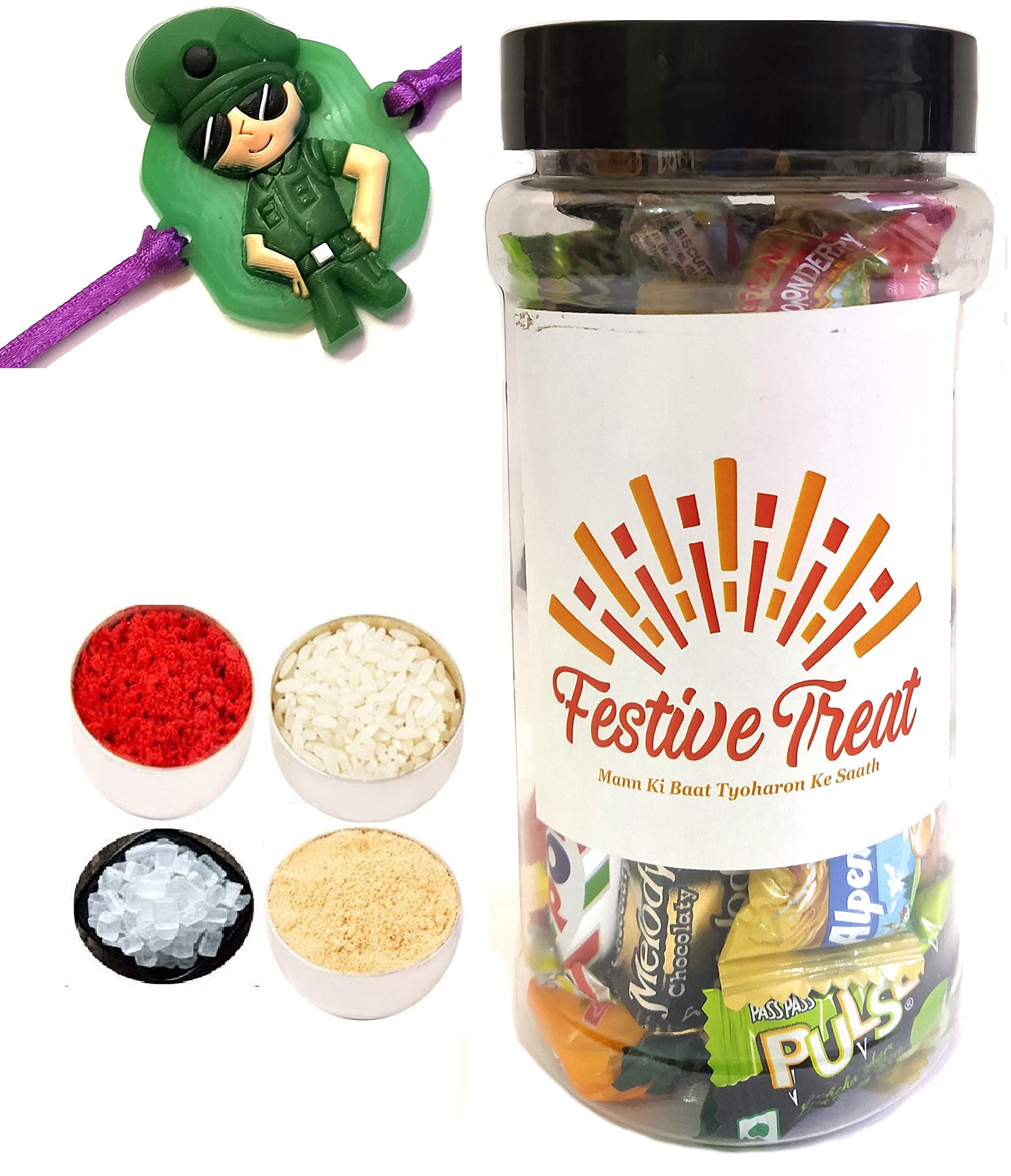 Little Singham Police Rakhi for Kids Brother, Festive Treat Jar Gift, Personal Message & Roli Chandan Chawal Mishri Pack for Little Small Bhai Bhaiya Brother-image-4