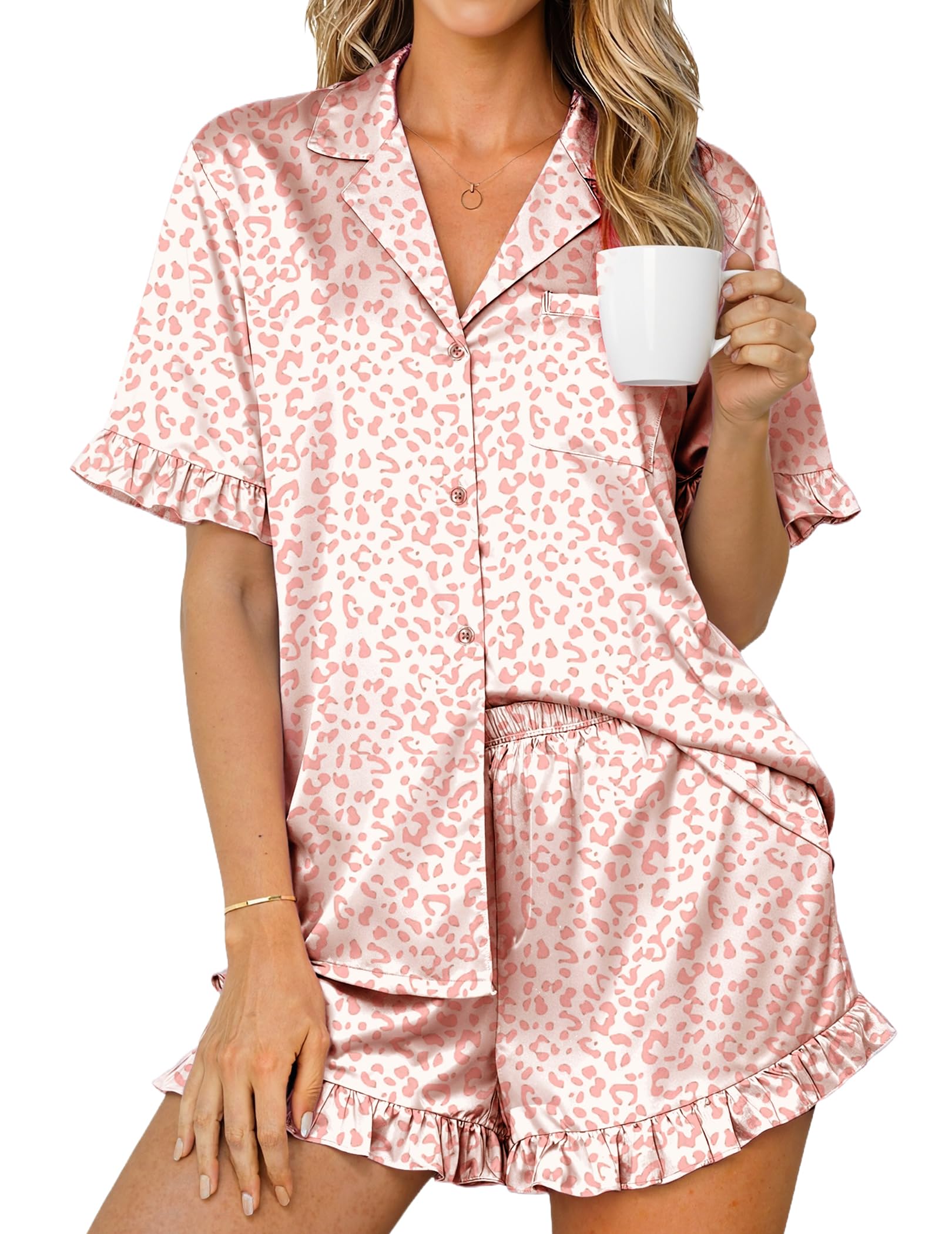 Ekouaer Womens Satin Pajamas Set Button Up Silk Pjs Short Sleeve Shorts Set
