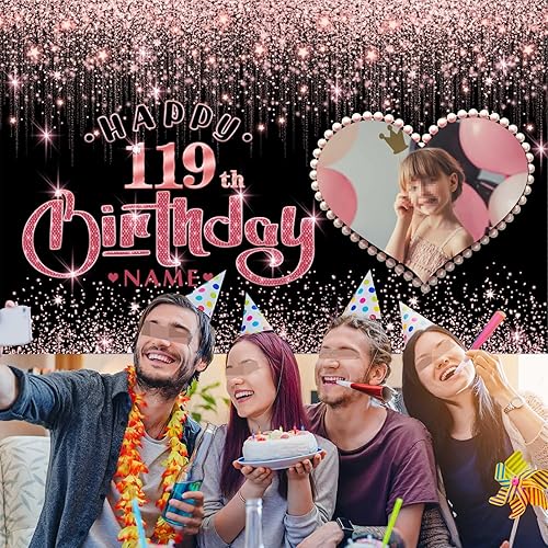 Vista 528 de Cartel personalizable de decoración de feliz cumpleaños número 49 de oro rosa – Personalización de gran tamaño fondo de fotos – Admite fotos