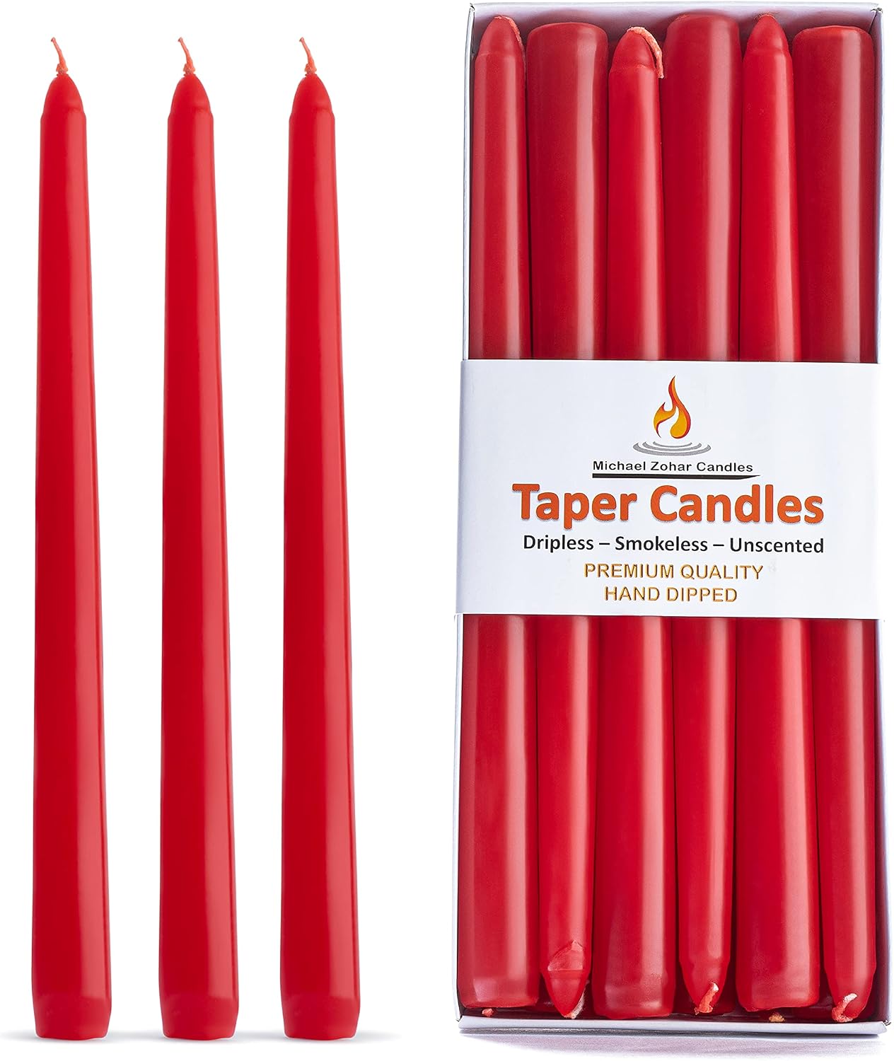 Michael Zohar Candles-12 Pack red Taper Candles-10 Inch Dripless Unscented red Candle Sticks - Ideal for Weddings, Romantic Dinner-8 Hour Burn Time