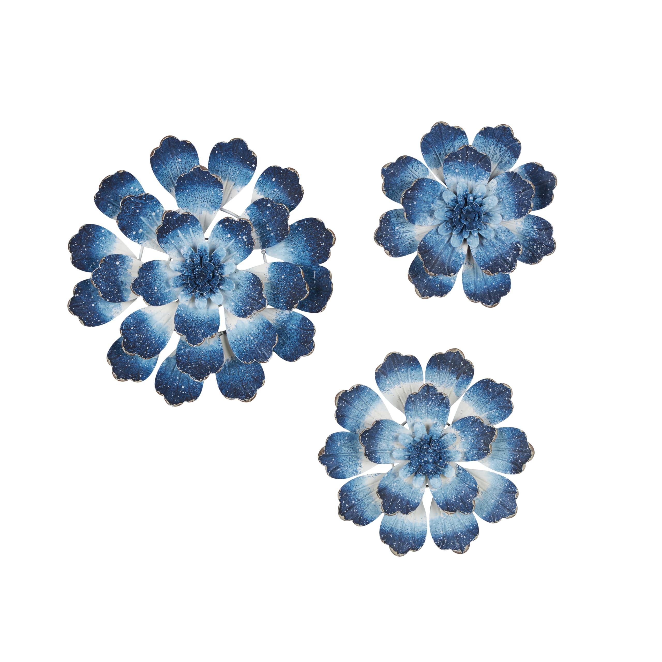 Deco 79 Metal Floral Home Wall Decor Wall Sculpture, Set of 3 Wall Art 18", 12", 11"H, Blue