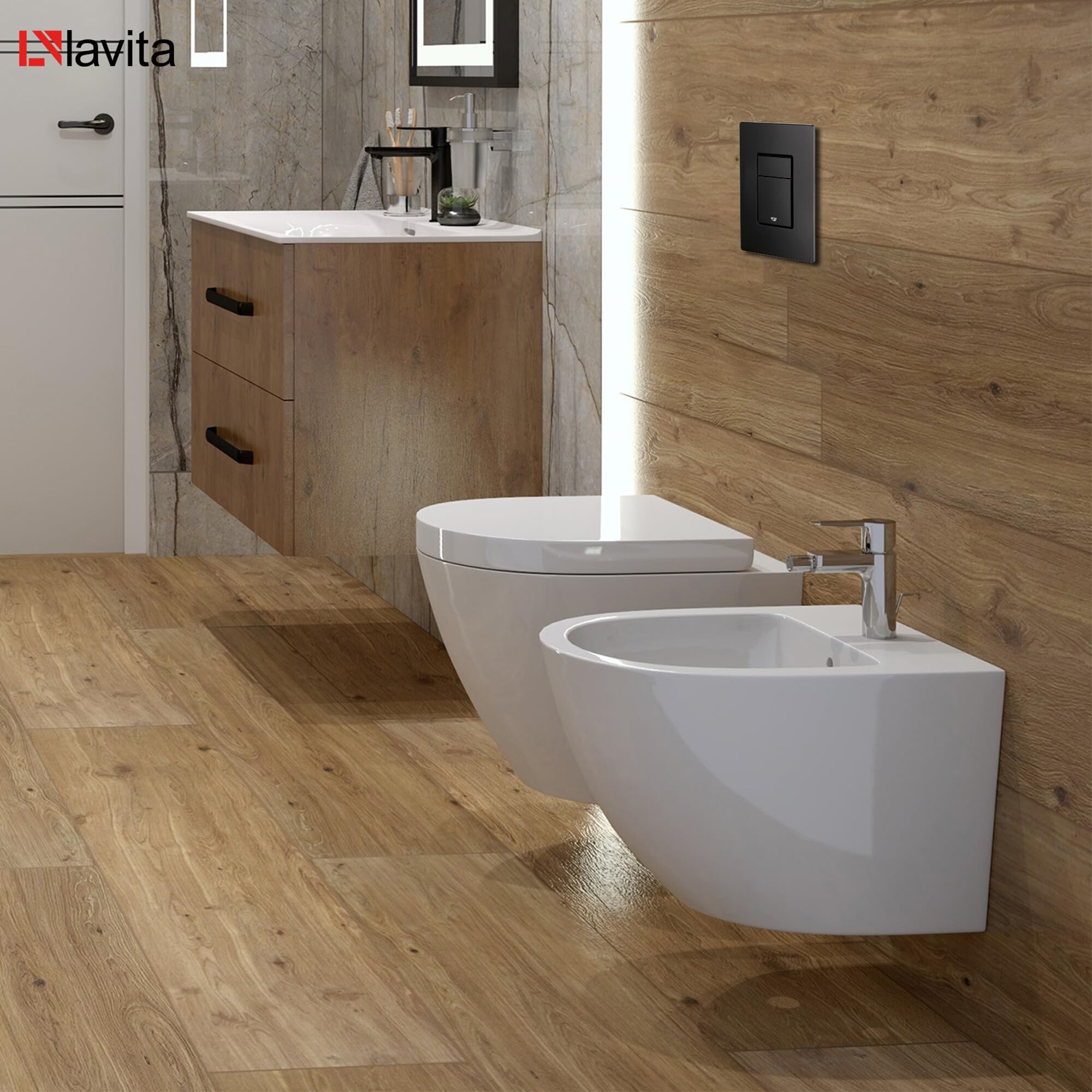 LAVITA Elemento de pared Solido + pared colgante Sogo blanco sin borde + asiento de inodoro con descenso automático, botón negro, juego completo, cisterna, inodoro completo