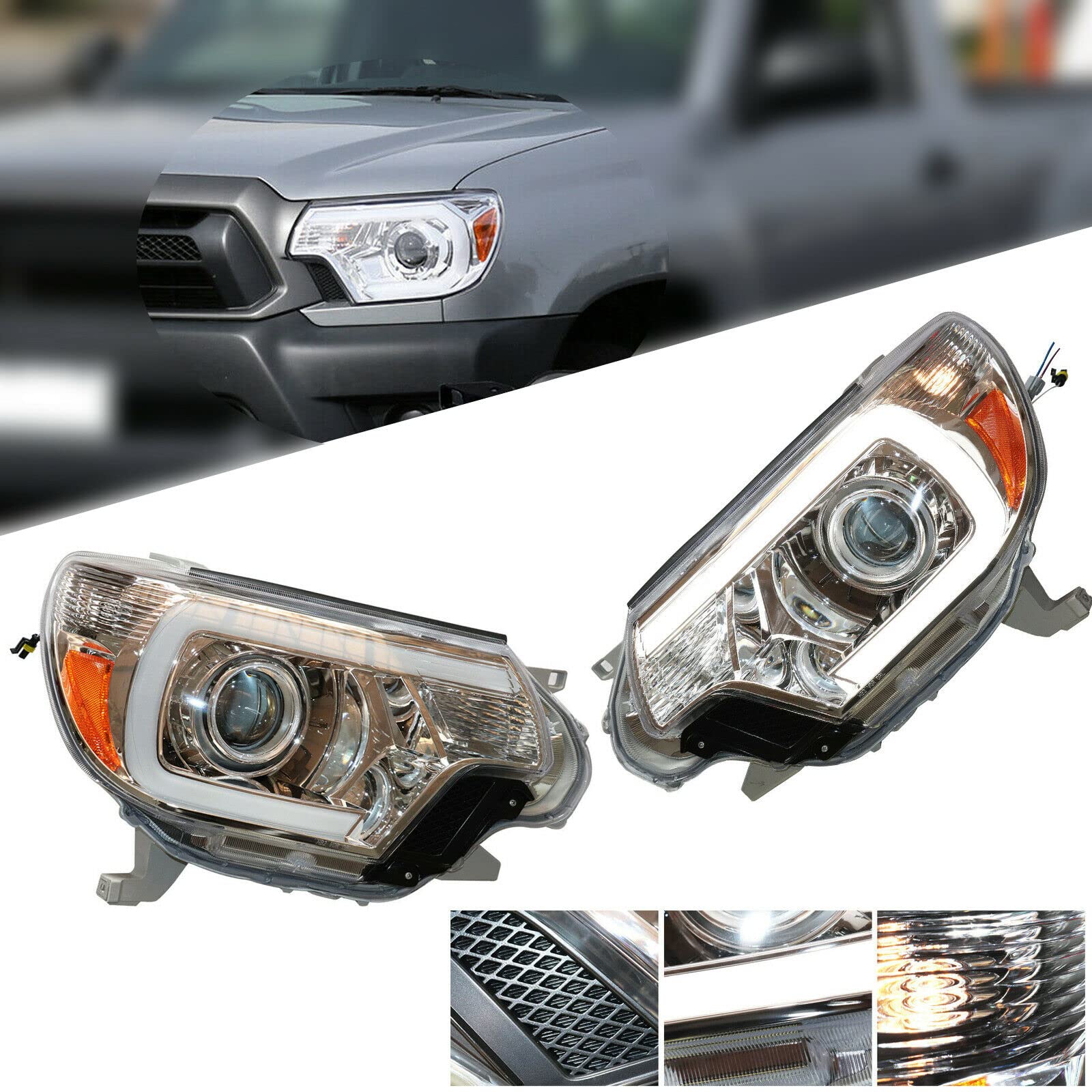 Pair Headlight for 2012 2013 2014 2015 Tacoma Halogen LED DRL Black Housing Lens