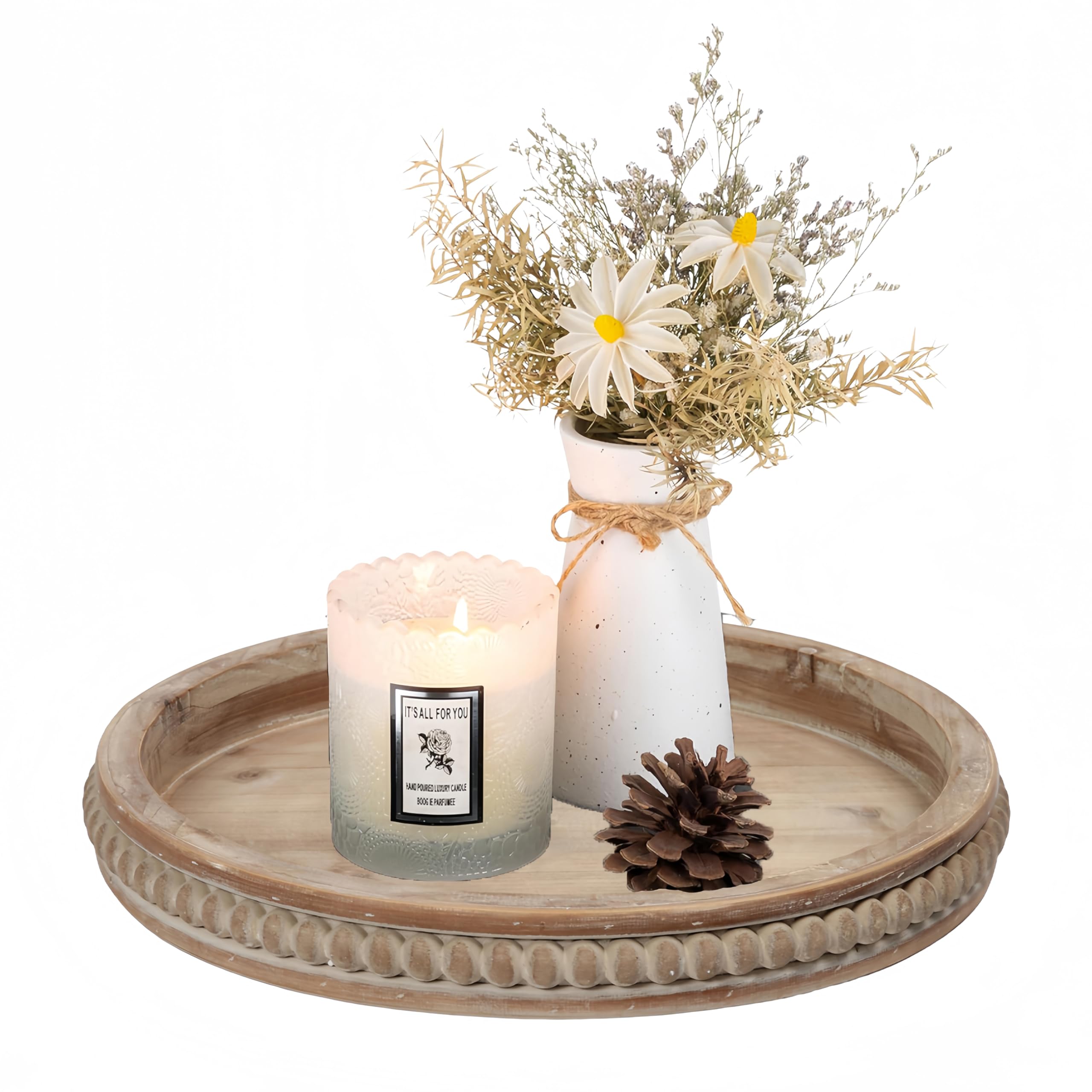 sofe 16 inches round wood tray, hand crafted beaded farmhouse large candle tray decorative, rustic coffee table centerpieces for kitchen and dining, living room