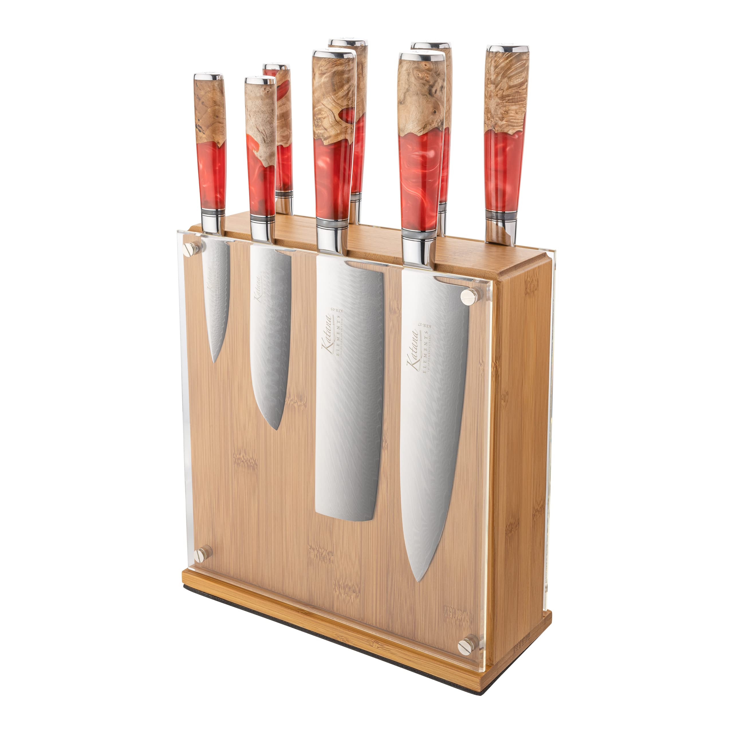 Katana Saya 9-Piece Kitchen Knife Set, Volcanic Red, Damascus Steel VG-10 with Olive Wood Handle and Resin (KER-900/9B)