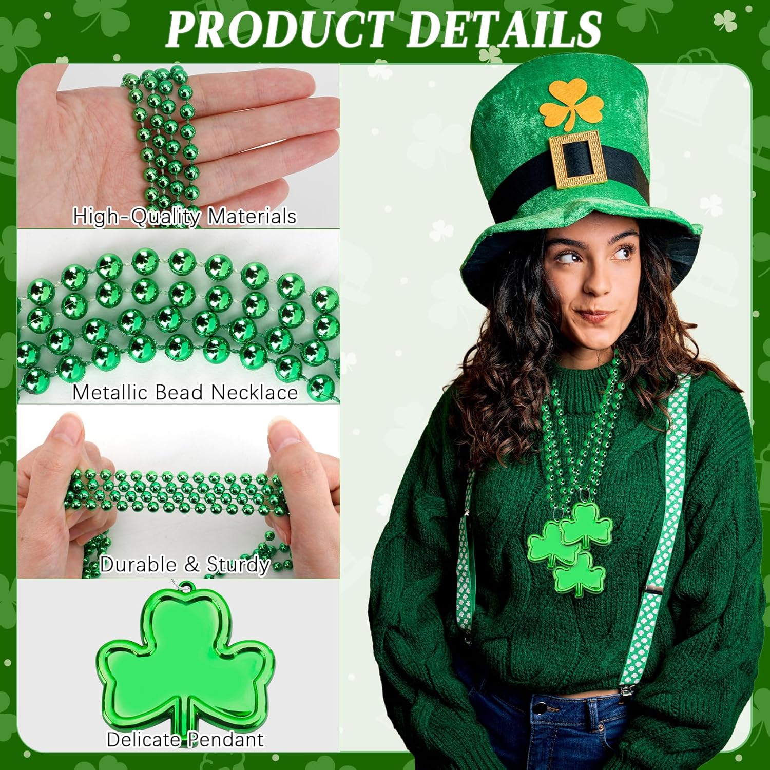 St Patricks Bead Necklace Shamrock Necklaces Green Bead Necklaces for St. Patrick's Day Costume Accessories Party Supplies