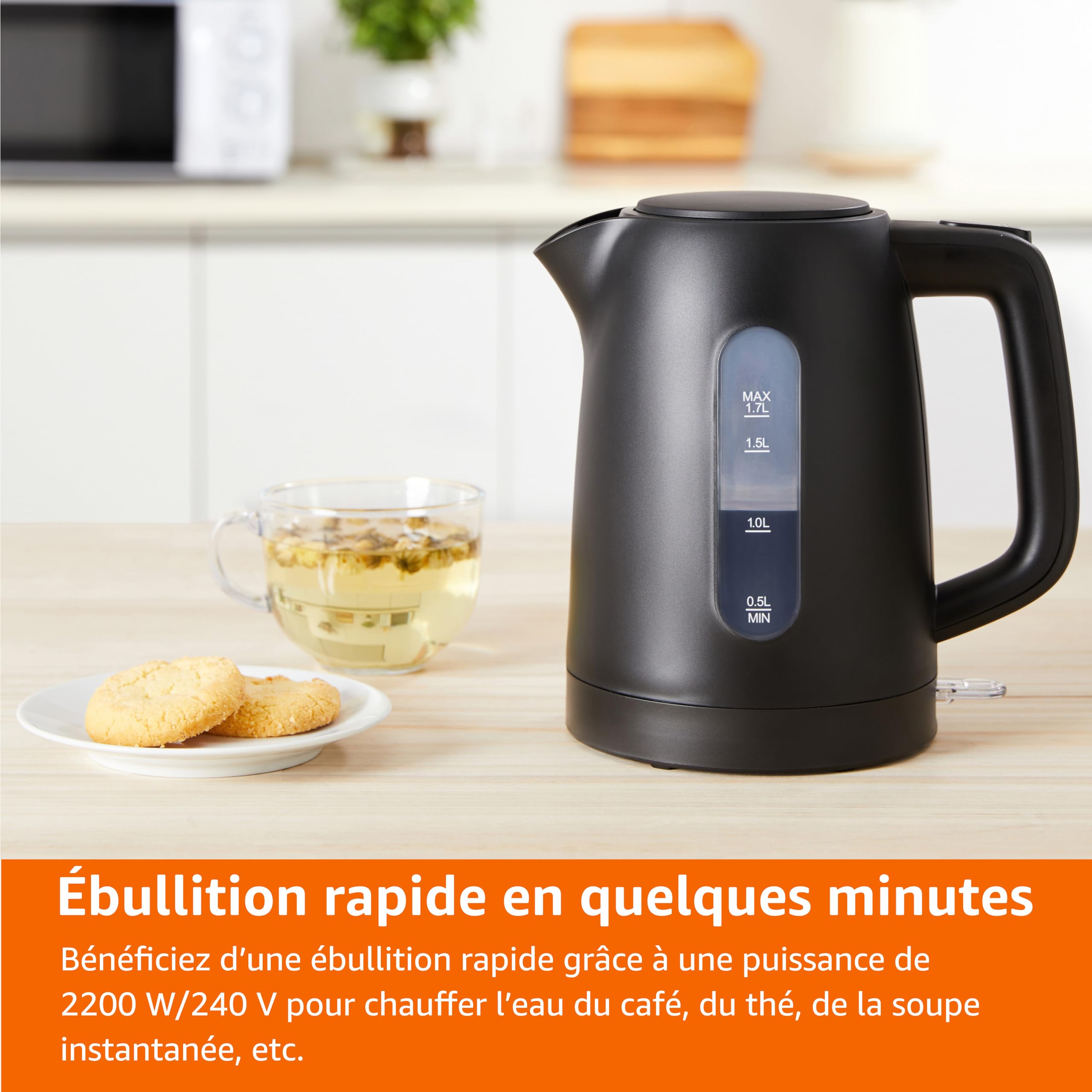 Amazon Basics Bouilloire Électrique 1,7L 2200W Sans BPA Base 360° Noir Mat