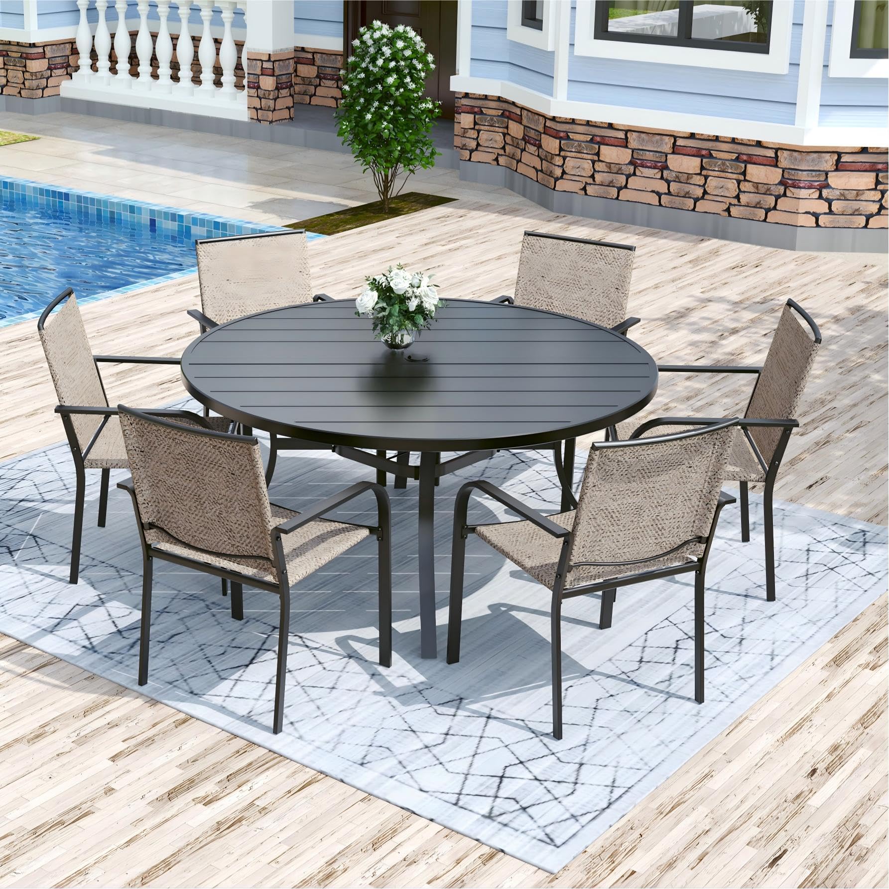 Anmutig 7 Piece Patio Dining Set 54 Inch Round Table Stackable Chairs Beige