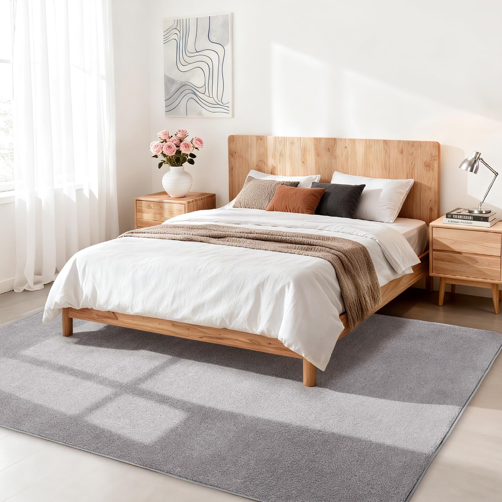 Wohnzimmerteppich, Kurzflor Teppiche Wohnzimmer Deko Flauschiger Weich Waschbarer & Anti-Rutsch Modern Einfarbiges Teppich für Schlafzimmer, Kinderzimmer, Bettvorleger Matte, 140x200cm, Hellgrau