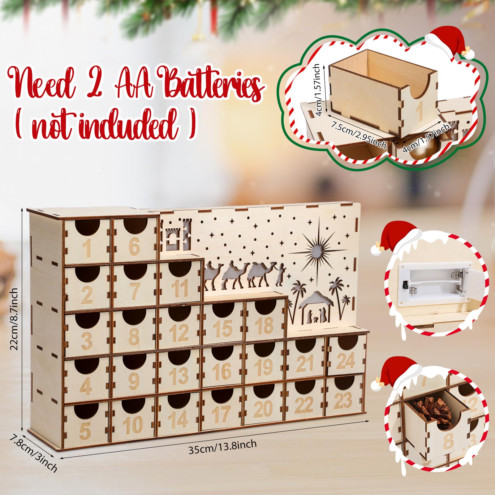 Nuanchu 24 Tage Adventskalender mit 24 Schubladen beleuchtet Holz DIY Countdown bis Weihnachten Kalender Krippe Dekoration Weihnachten Desktop Organizer Xmas Holz Handwerk 35,8 x 21,6 x 7,6 cm