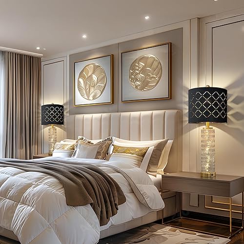 Miniatura 8 de Oneach Juego de 2 lámparas de mesa modernas de 27.75 pulgadas, lámpara de noche dorada con luz nocturna de cristal, USB A+C, pantalla de rejilla