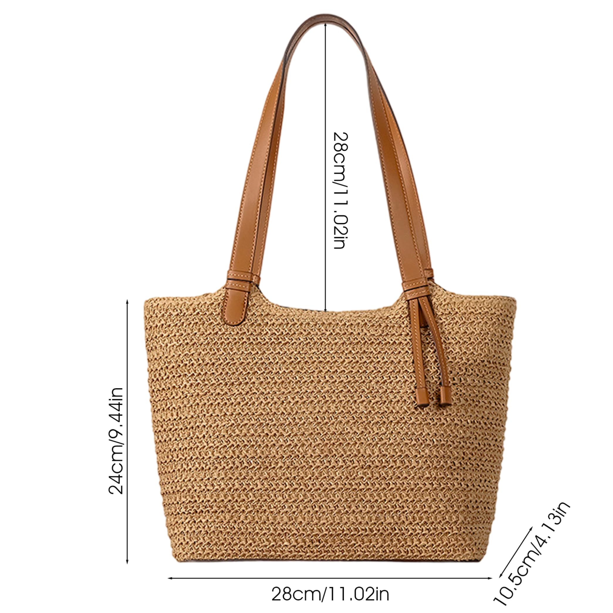 Borsa a tracolla estiva in paglia intrecciata nera, borsa spaziosa con cinturino in pelle