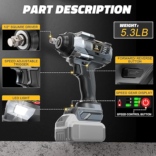 Miniatura 6 de Llave de impacto inalámbrica de 12 pulgada compatible con batería Dewalt, pistola de impacto eléctrica sin escobillas de 1000 pies-libras (1360