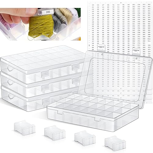 Queekay Embroidery Floss Organizer Box Set, Includes Compartments Cross Stitch Organizer Box, Plastic Floss Bobbins and 1790 Number Stickers for Thread Sewing, 4 Sets(24 Grids,50 Pcs) - 24 Grids - 50