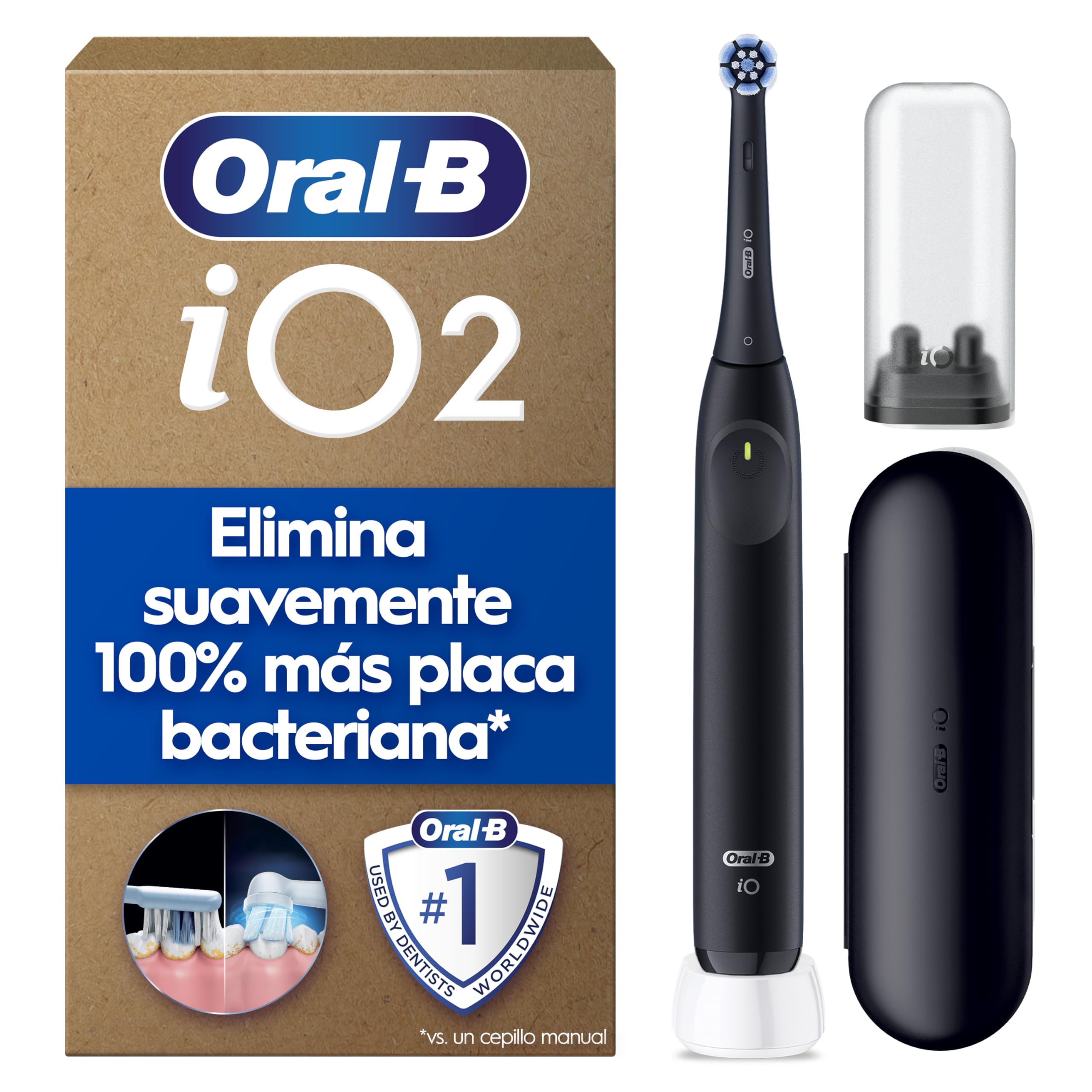 Oral-B iO 2 Night Black Electric Toothbrush, 1 Head, 1 Travel Case, 1 Travel Spare Holder, 3 Brushing Modes, Pressure Sensor and Timer, Designed by Braun GreenCircle Certified: Certified Environmental Facts Label